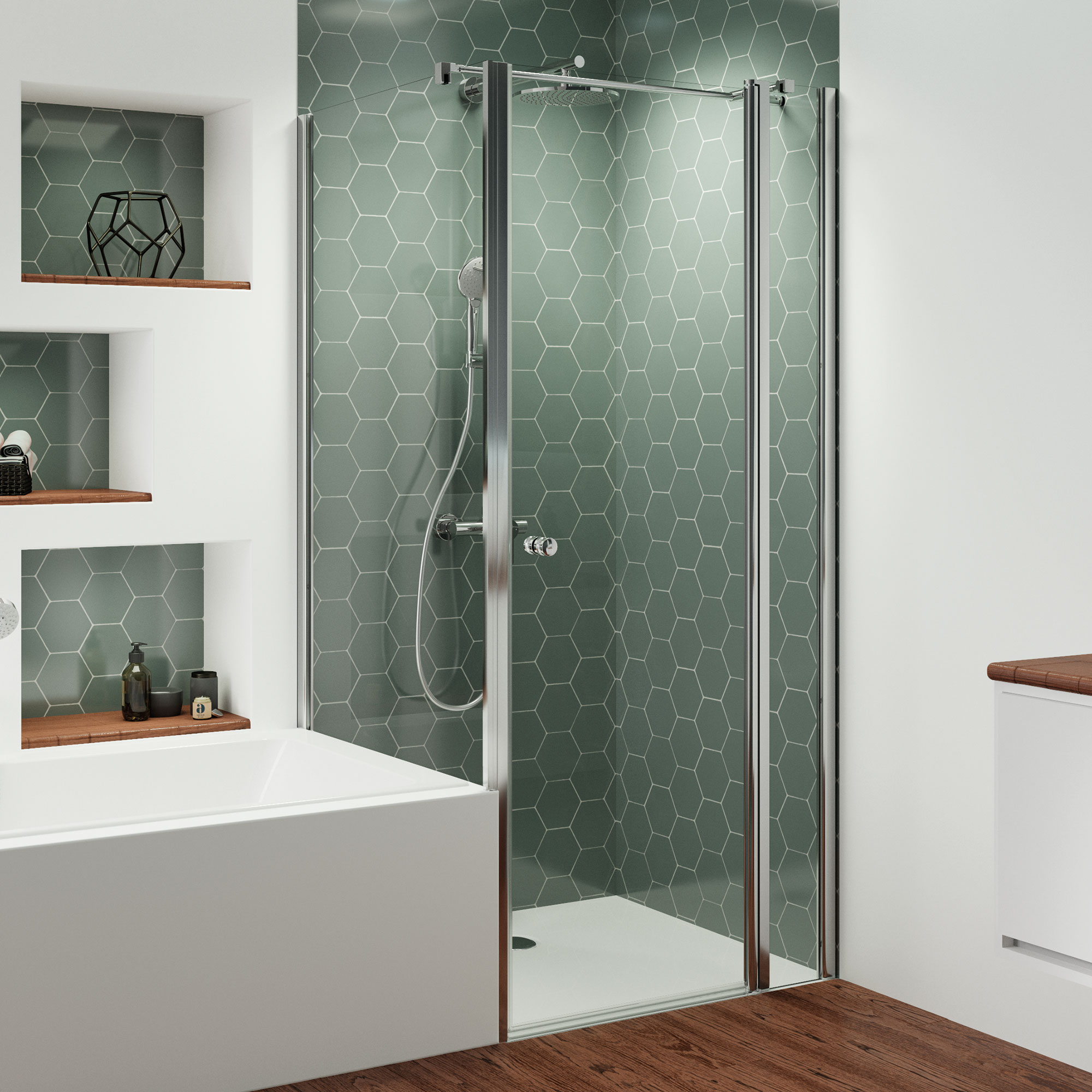 Badewannenseitenwand, rund, auf der Wanne links für Drehtür / +Festteil, Drehfalttür / +Festteil