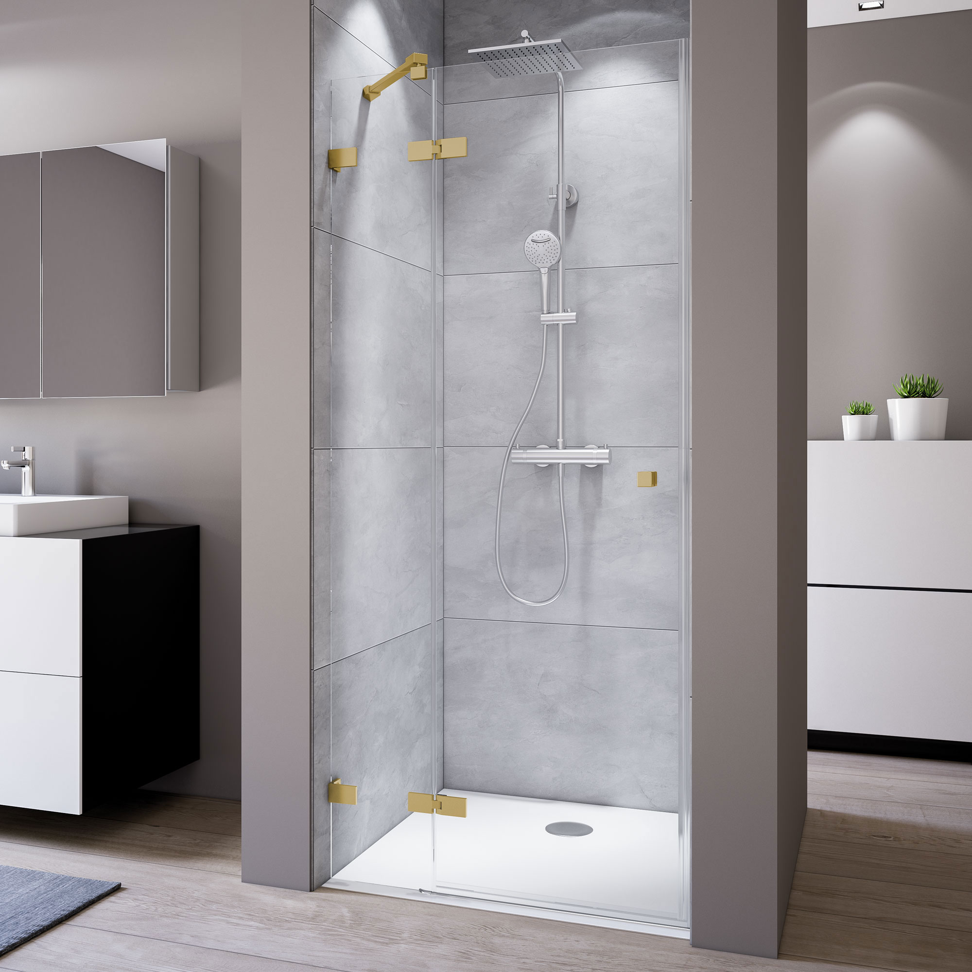 MK930 Drehtür mit Festteil für Nische, Anschlag links, rahmenlos_5610_gold