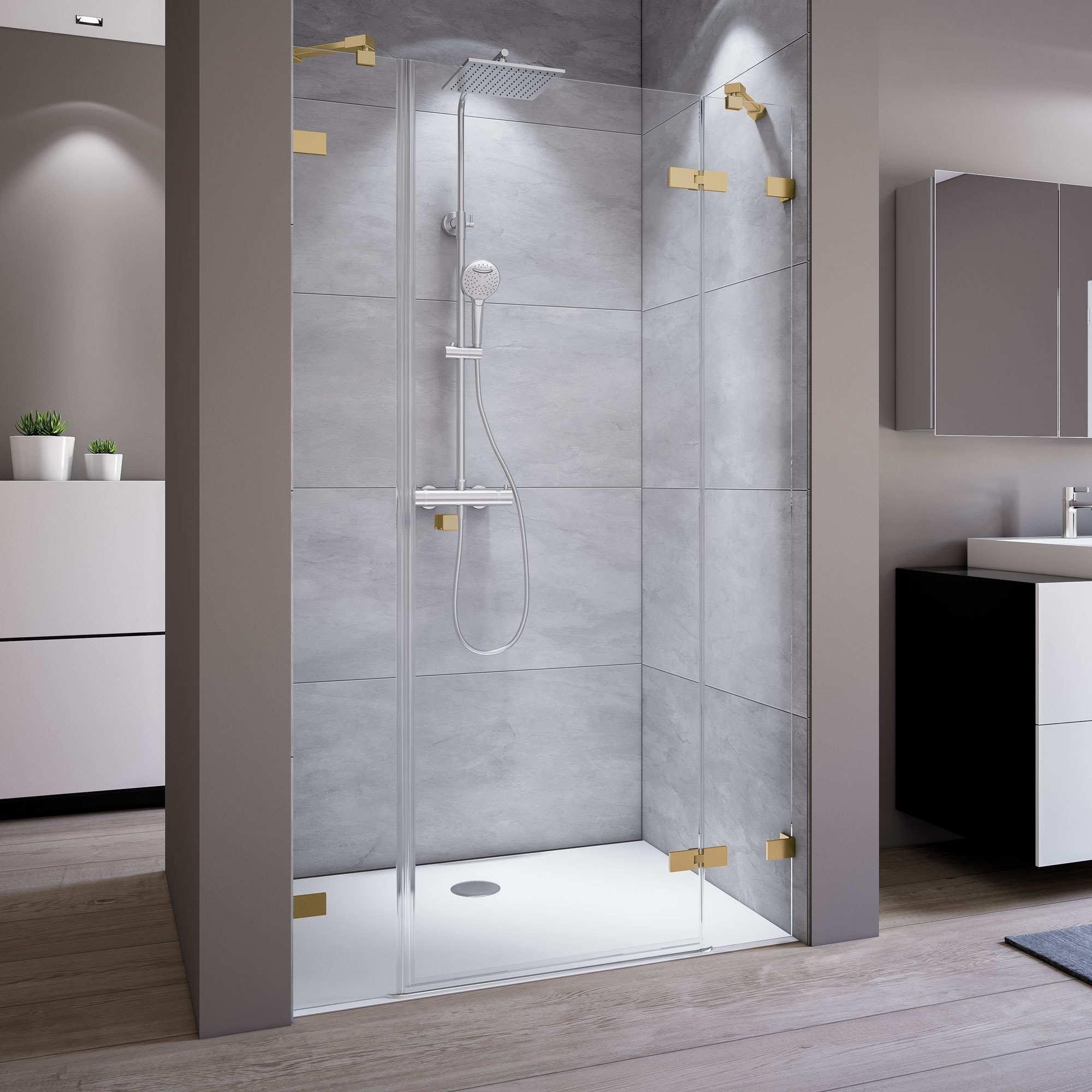 MK930 Drehtür mit Festteil und Nebenteil, Anschlag rechts, rahmenlos_5613_gold