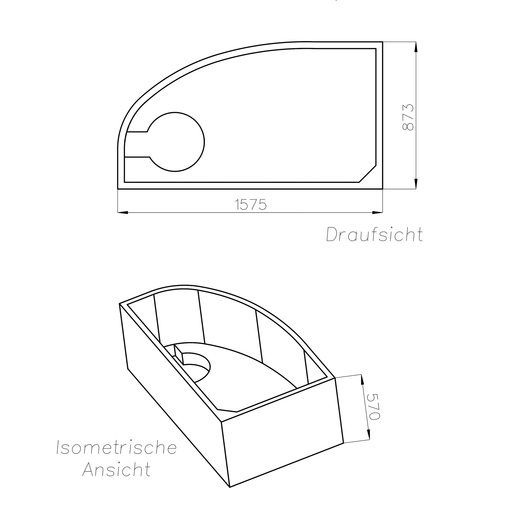 Wannenträger zu Moreno 160x90x44.5 links, Maßskizze