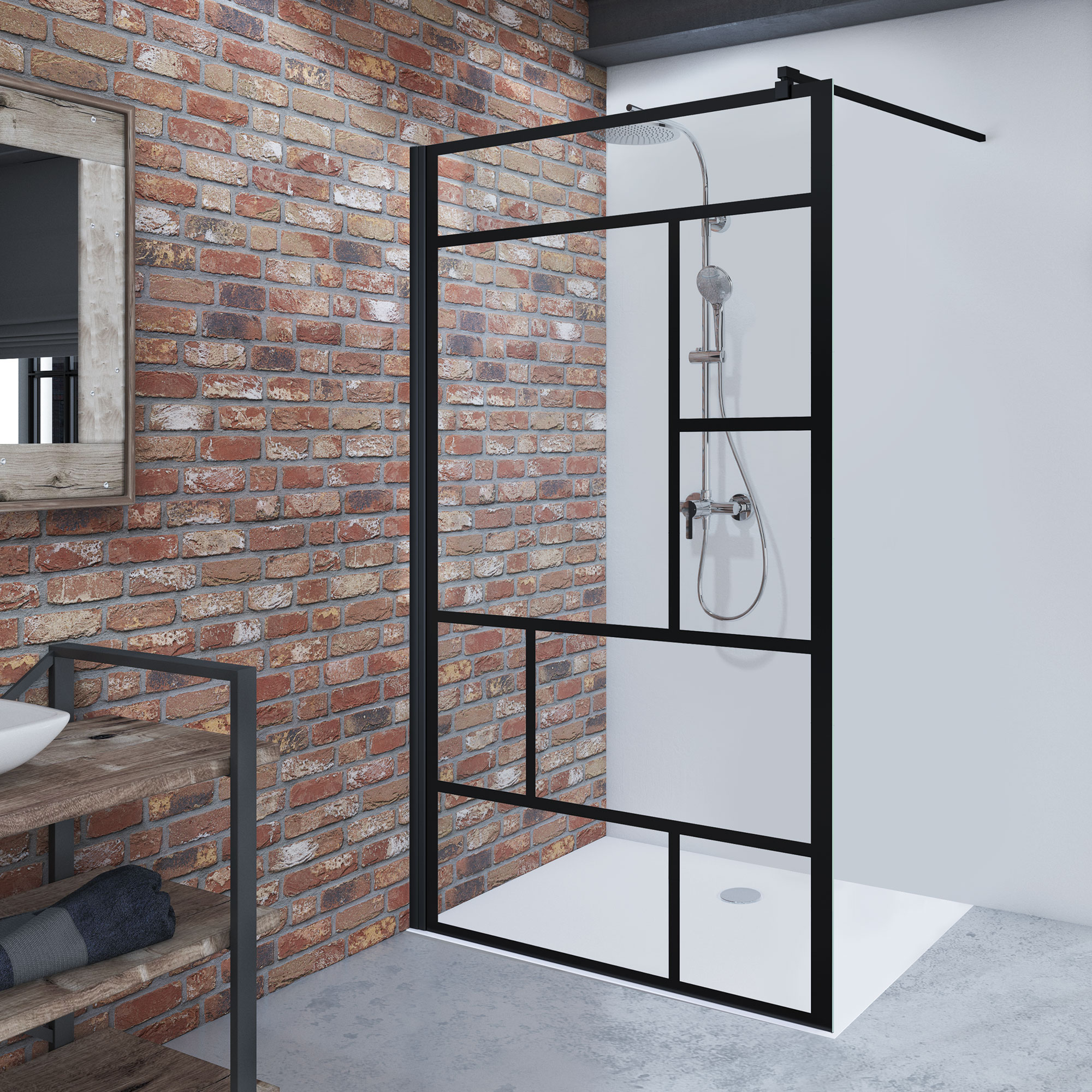 mk600-walkin-duschwand-loft-schwarz Duschwand alleinstehend, Dekor Loft