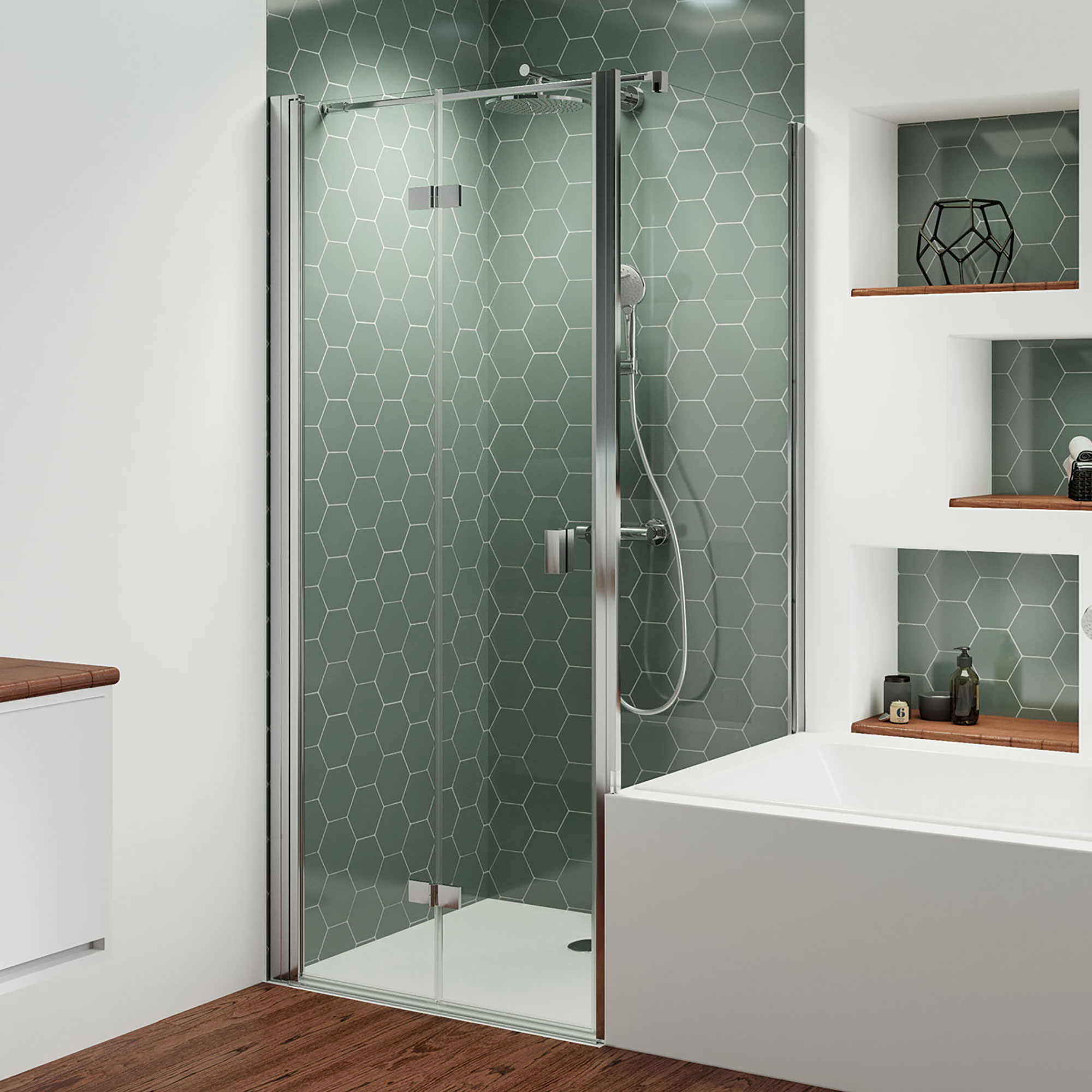 Badewannenseitenwand, eckig, auf der Wanne rechts für Drehfalttür mit Festteil
