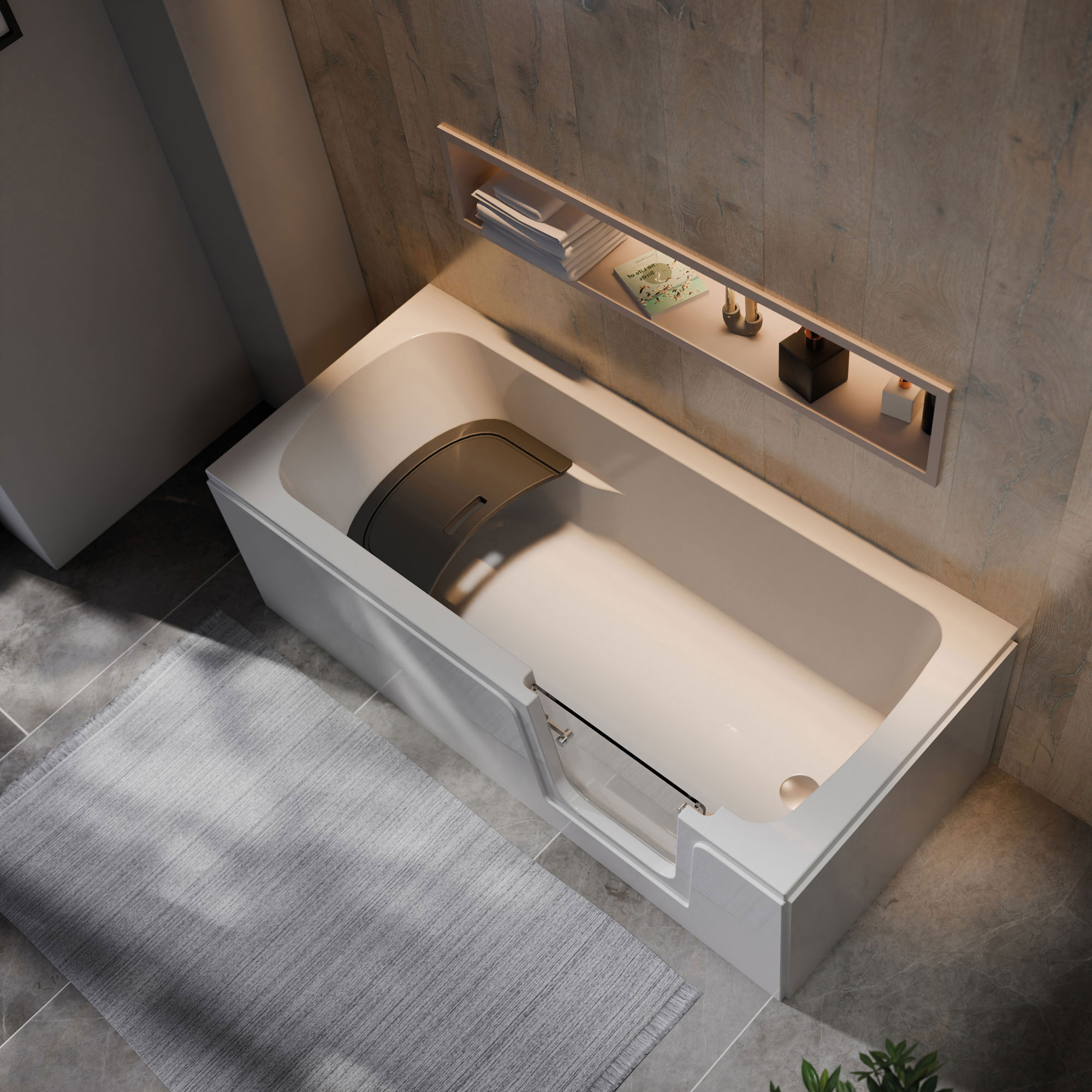 Duschwelten_Badewanne_Buffallo_Tur-Rechts_2_6593-6590 Buffalo Badewanne, weiß, Verkleidung mit Acrylschürze oder Styrodur, Tür rechts, im Milieu 1