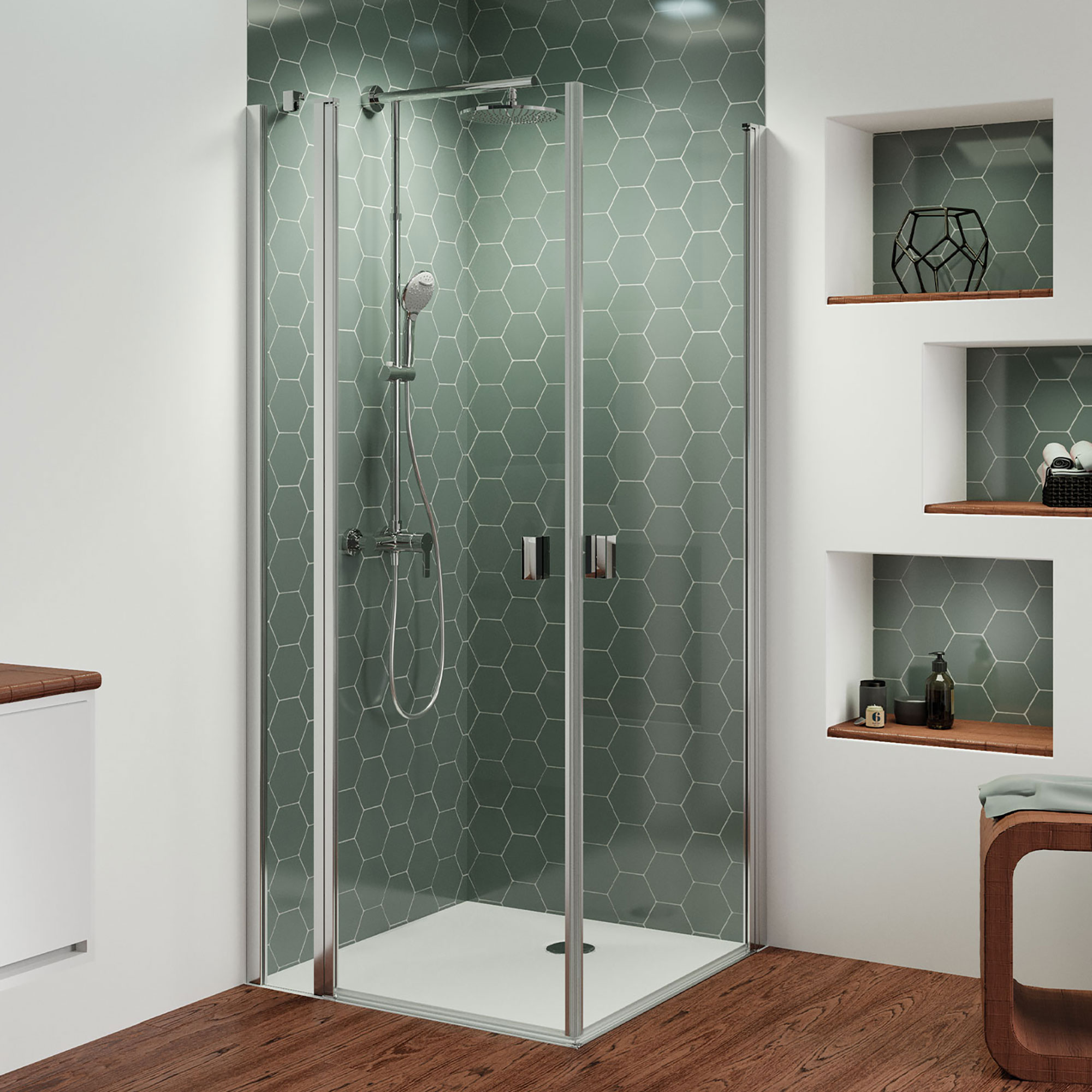 Eckeinstieg Kombination Drehtür mit Festteil links / Drehtür rechts, eckig