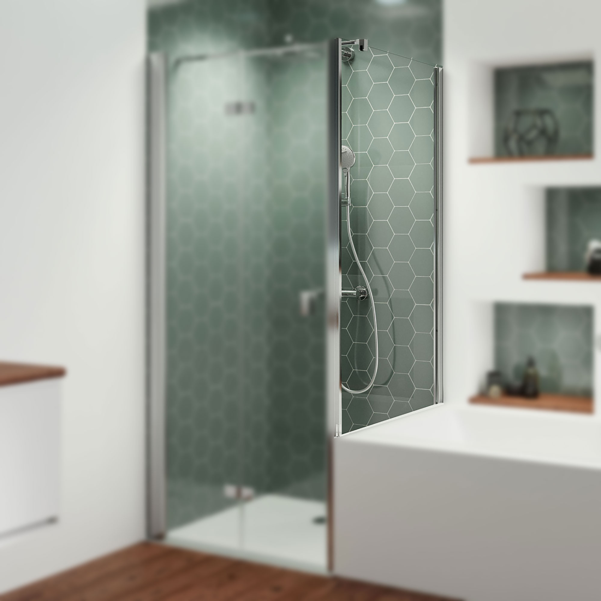 Badewannenseitenwand, eckig, auf der Wanne rechts für Drehfalttür mit Festteil Fokus