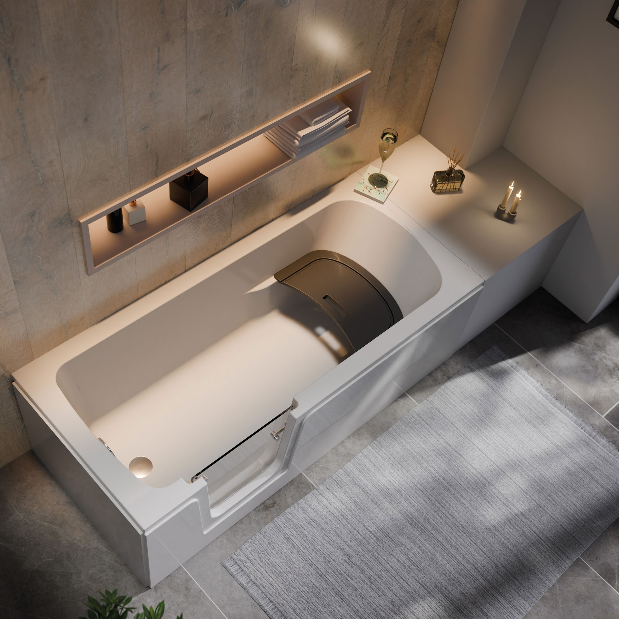 Buffalo Badewanne auf Füßen, Weiss, Tür links, im Millieu mit Podest, Draufsicht