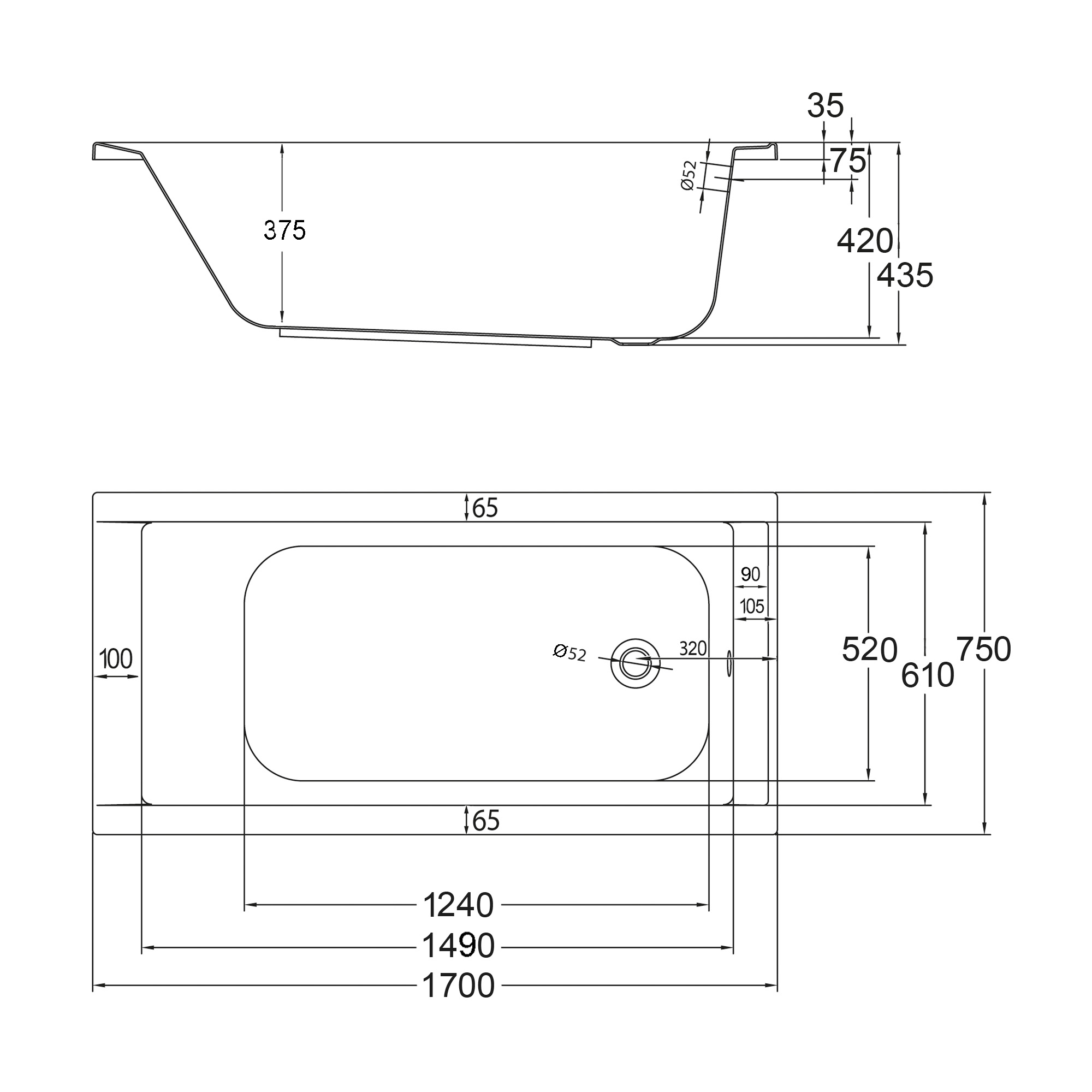 Centreville Badewanne, weiß, rechteckig, Maßskizze