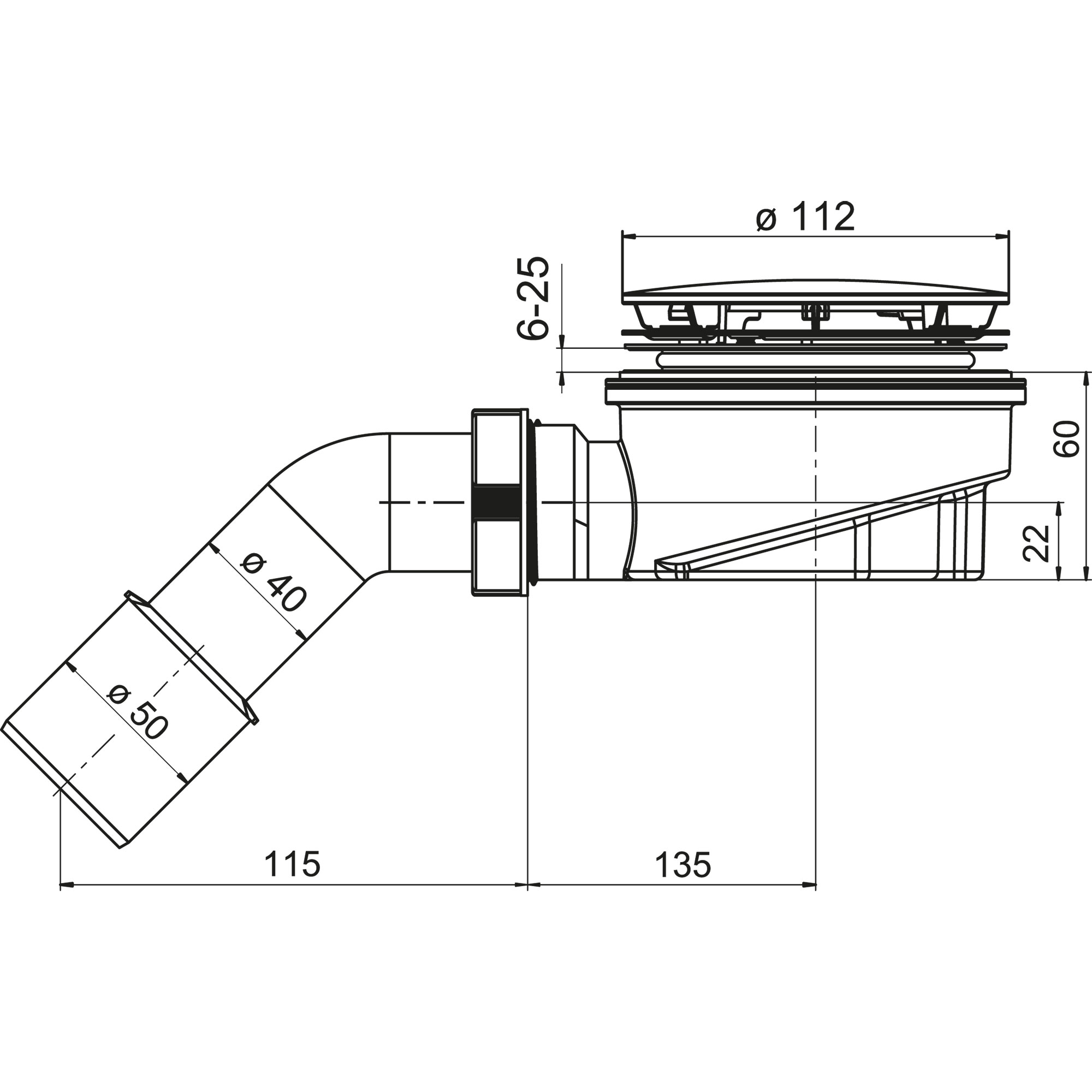 Siphon extra flach, 60 mm Bauhöhe, waagerecht, D=90
