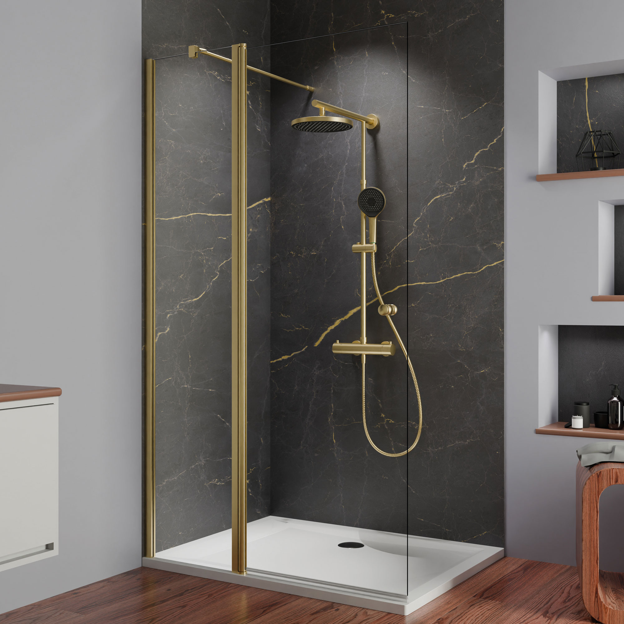 MK520 Gold Edition Walk-In Duschwand mit beweglichem Element über Eck, Anschlag links
