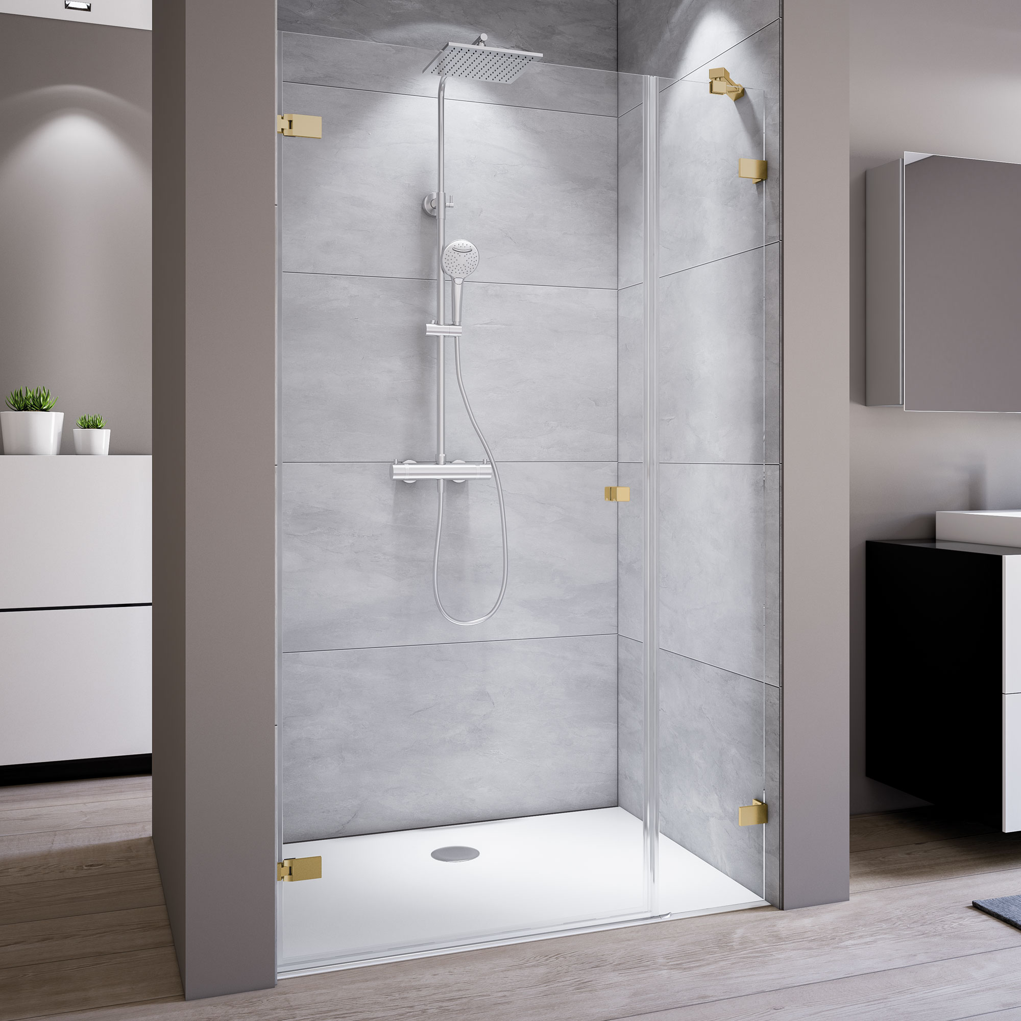 MK930 Drehtür mit Nebenteil für Nische, Anschlag links, rahmenlos_5603_gold