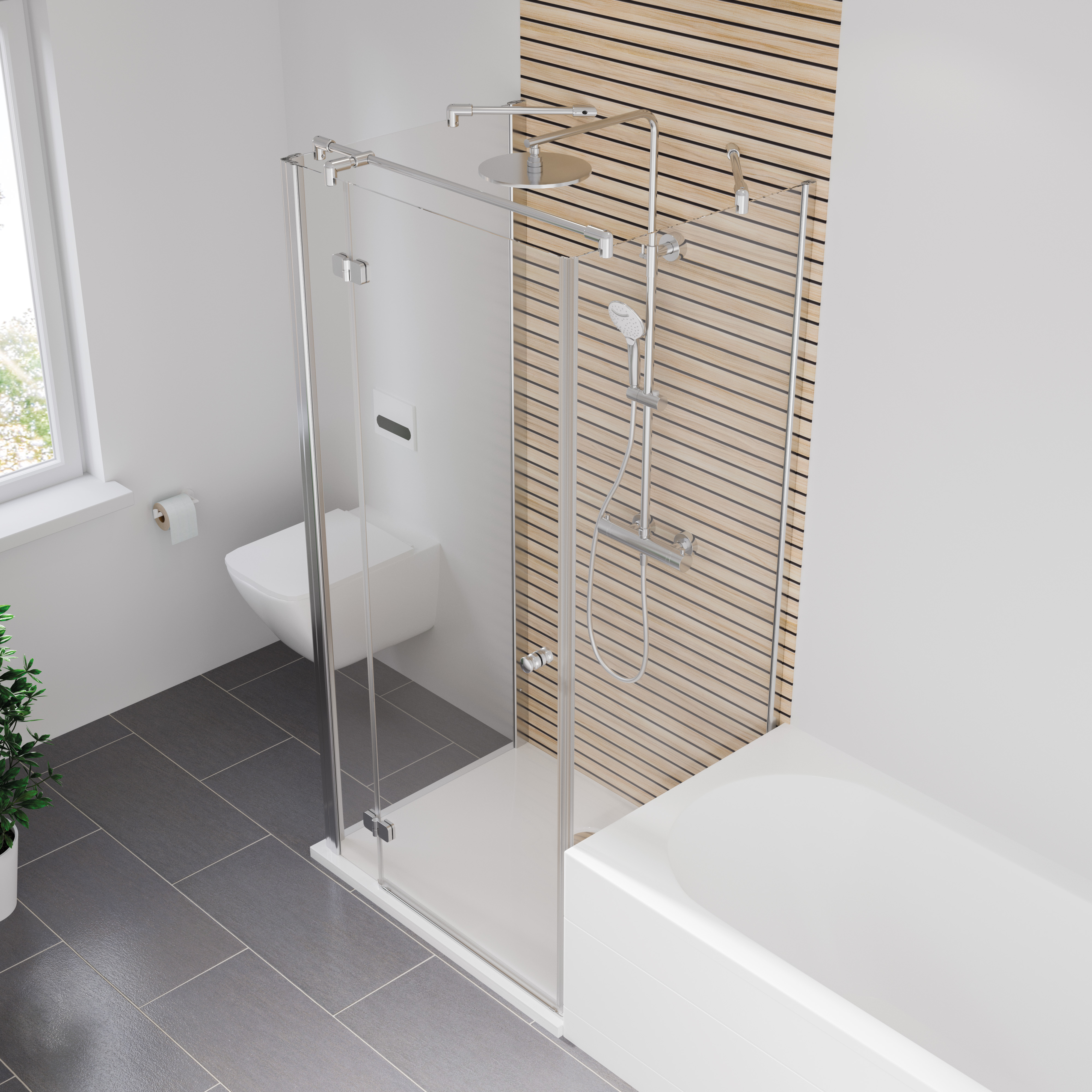 MK600_U-Kabine-DT-mit-Festteil-SW-BSW_5125_Vogelperspektive MK600 U-Kabine Drehtür mit Festteil mit Seitenwand links und Badewannenseitenwand rechts