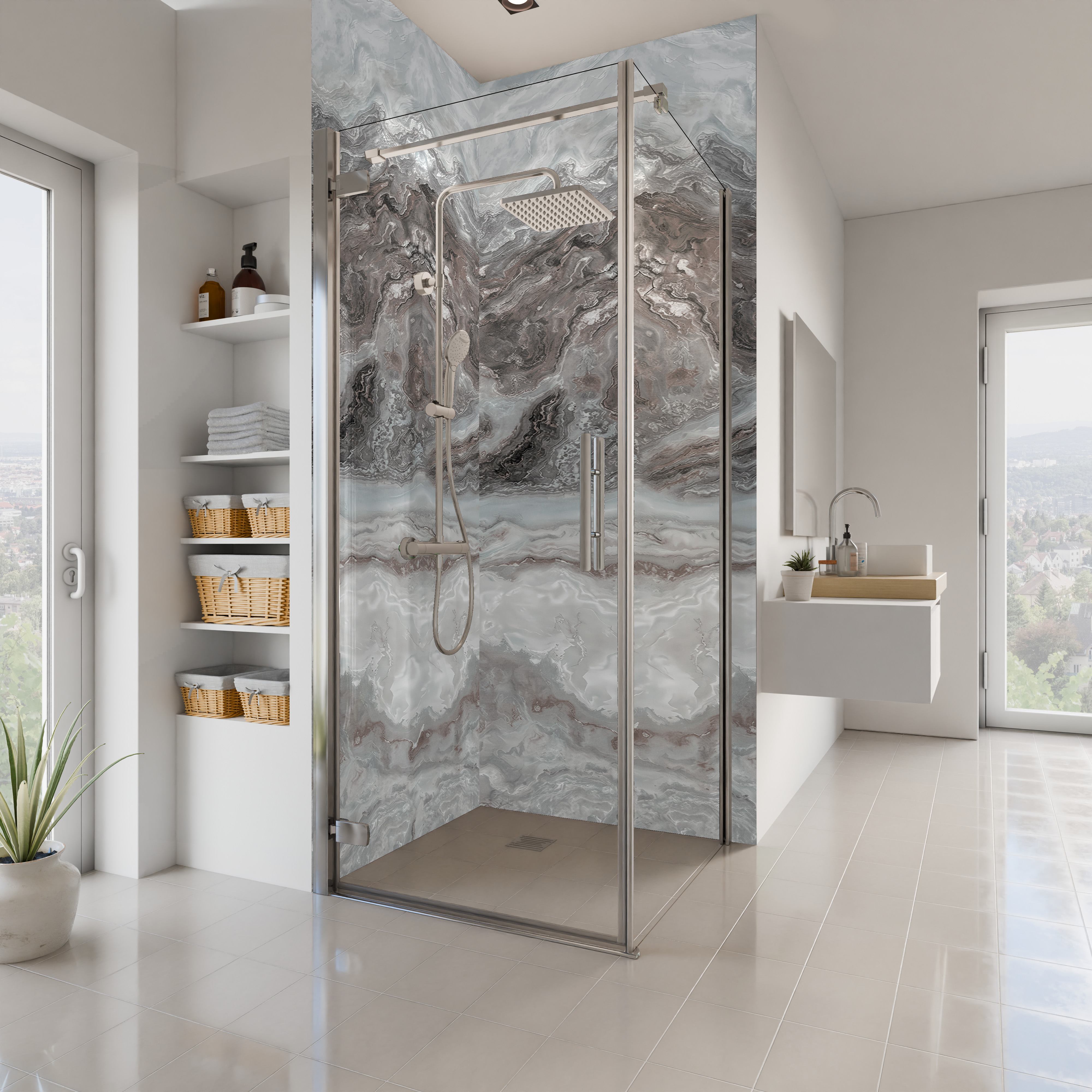 Dekor Paneele Seidenmatt Marmor Achat Grau Eckeinstieg