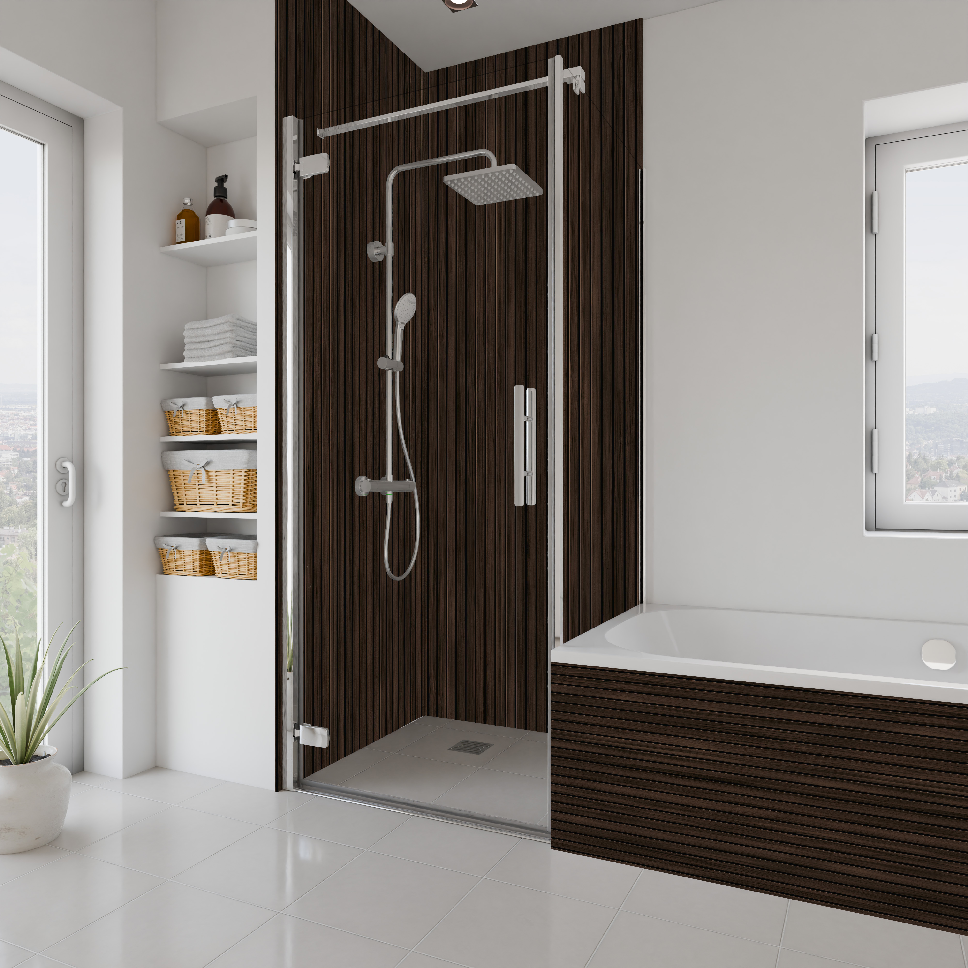 Dekor Paneele Holz Scandi vertikal dunkel Dusche+BSW