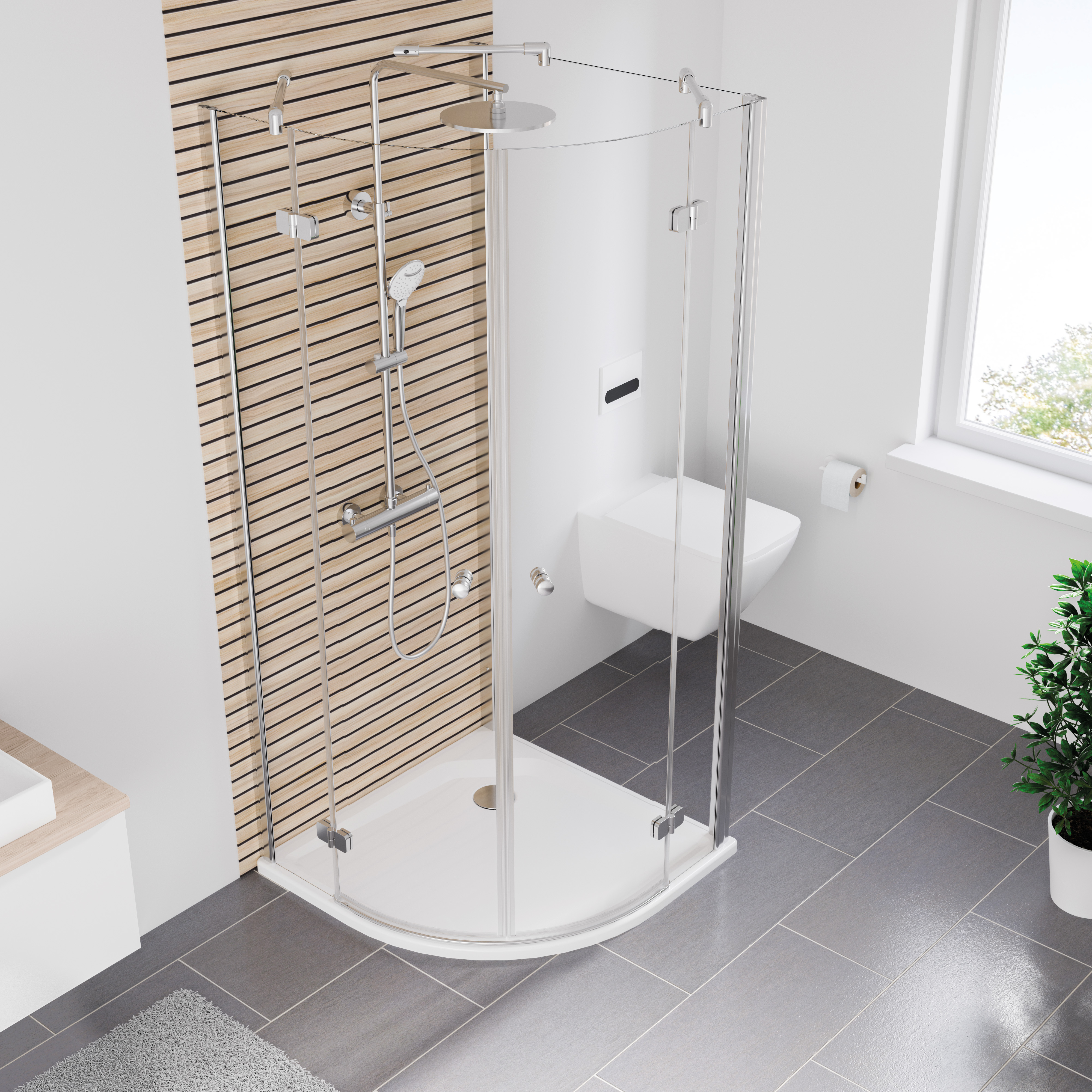 MK600_U-Kabine-Runddusche-4tlg_5127_Vogelperspektive MK600 U-Kabine Runddusche 4-teilig mit Seitenwand rechts, Radius 550, Vogelperspektive
