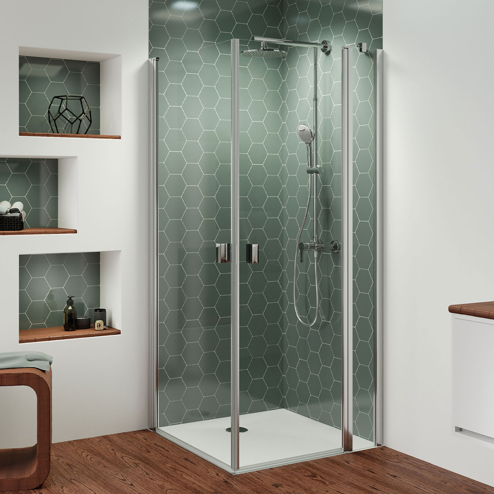 Eckeinstieg Kombination Drehtür links / Drehtür mit Festteil rechts, eckig