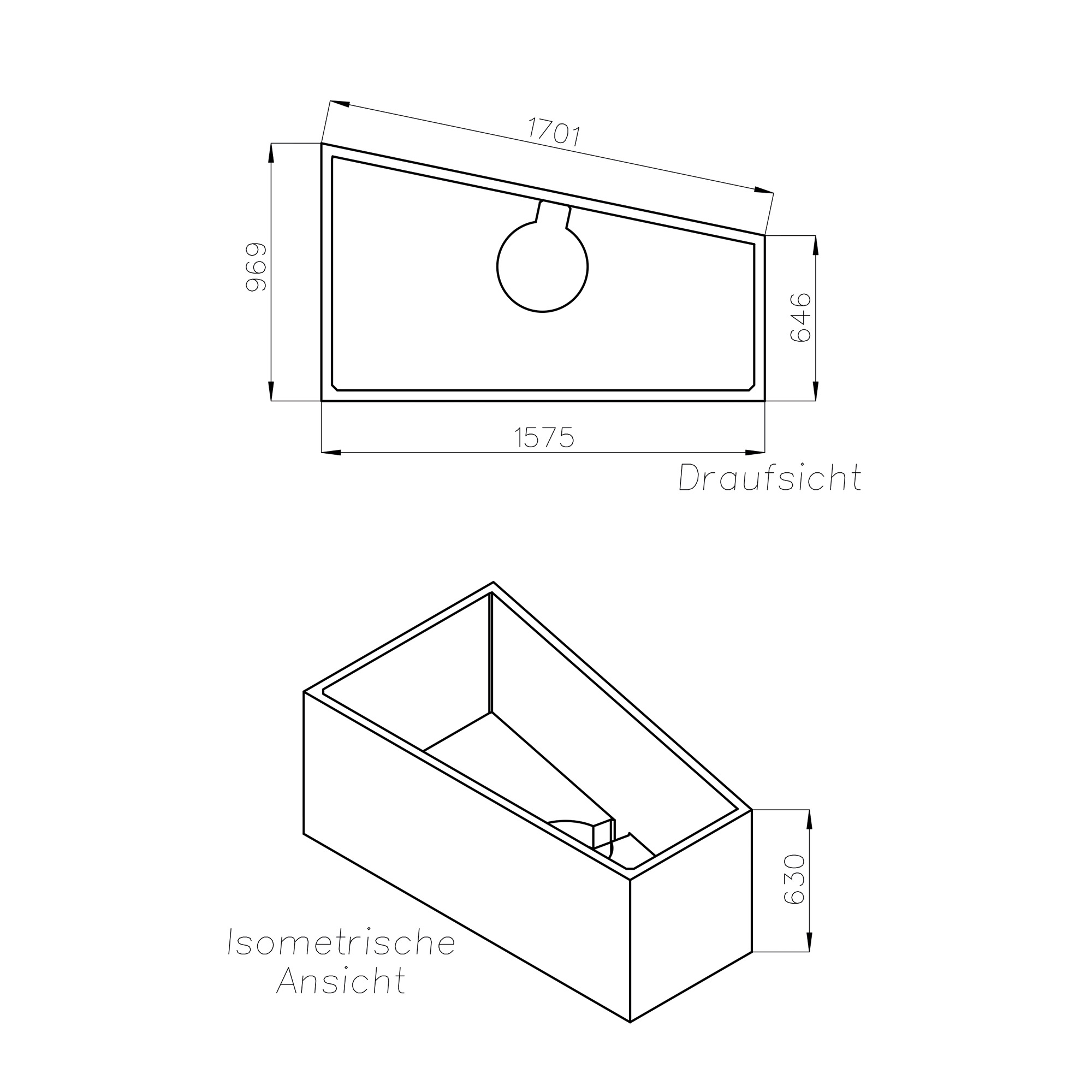Wannenträger zu Gary I 160x100x51 rechts, Maßskizze