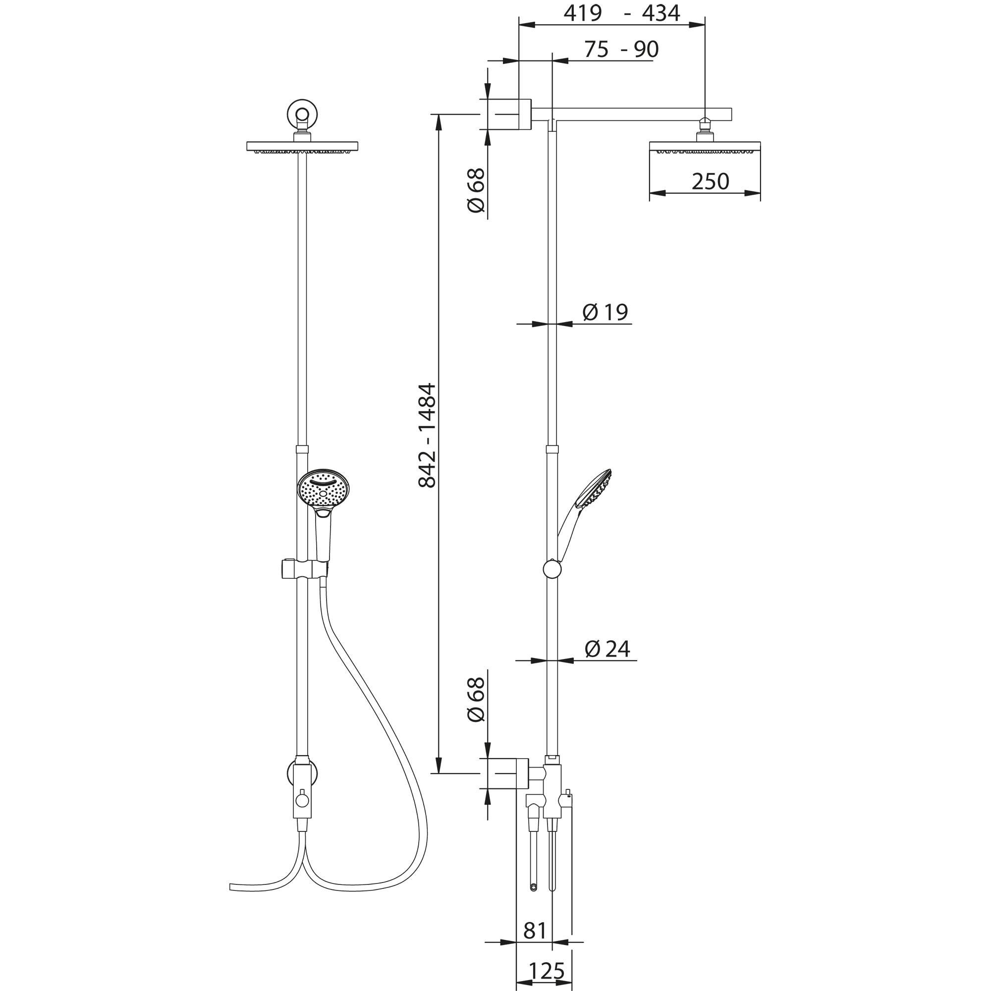 Masszeichnung-Typ-5810-5811 MK 150 Kopfbrause eckig für separate Armatur, Maßzeichnung