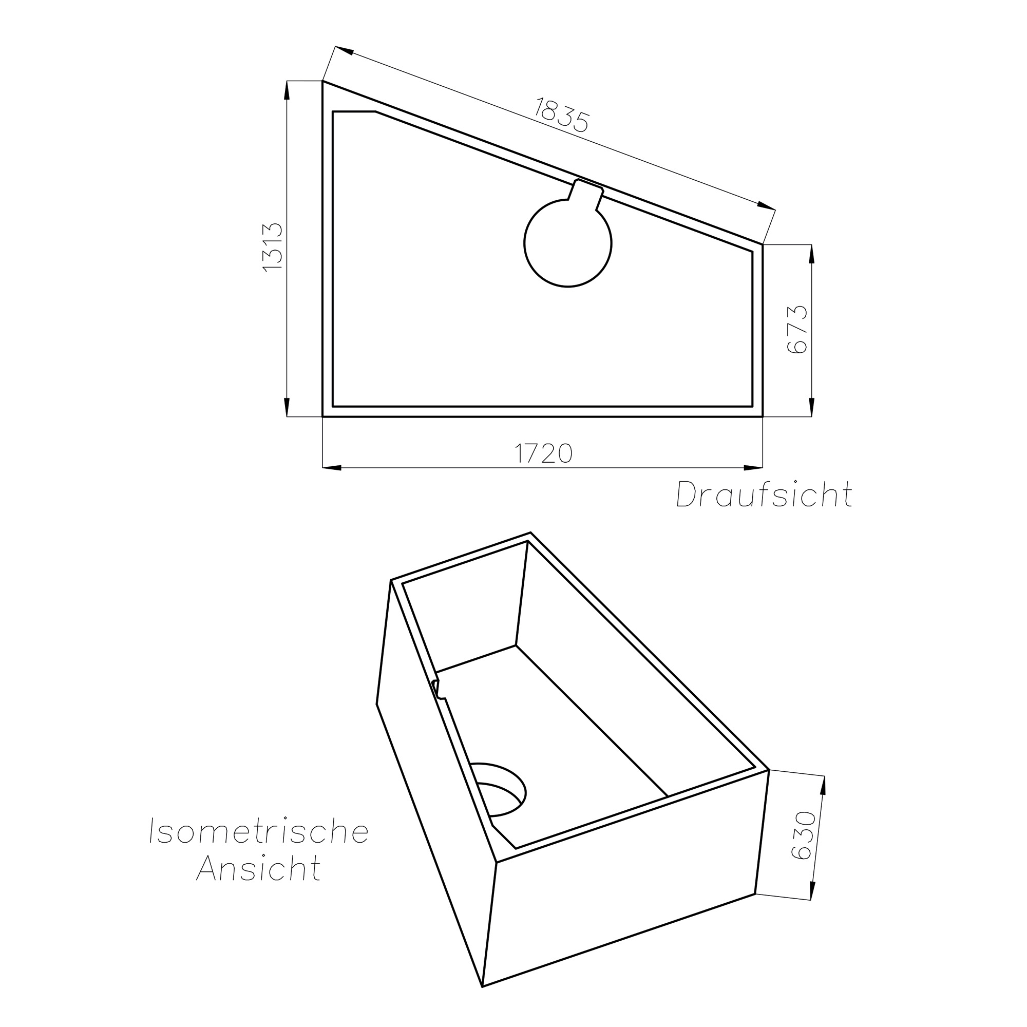 Wannenträger zu Gary II 175x135x50 Rechts, Maßskizze