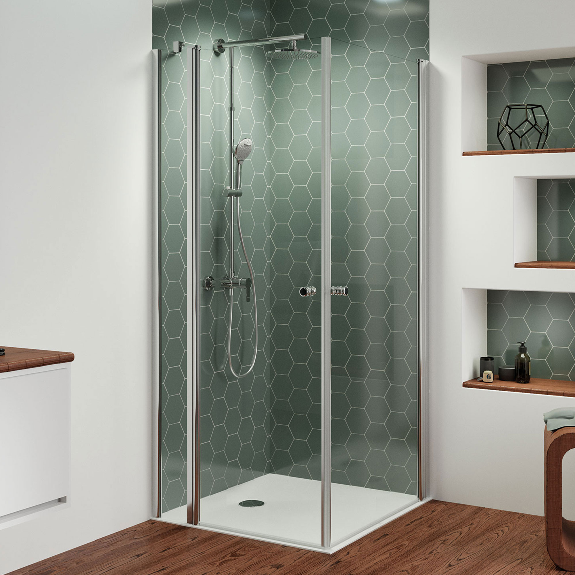 Eckeinstieg Kombination Drehtür rechts/ Drehtür mit Festteil links, rund