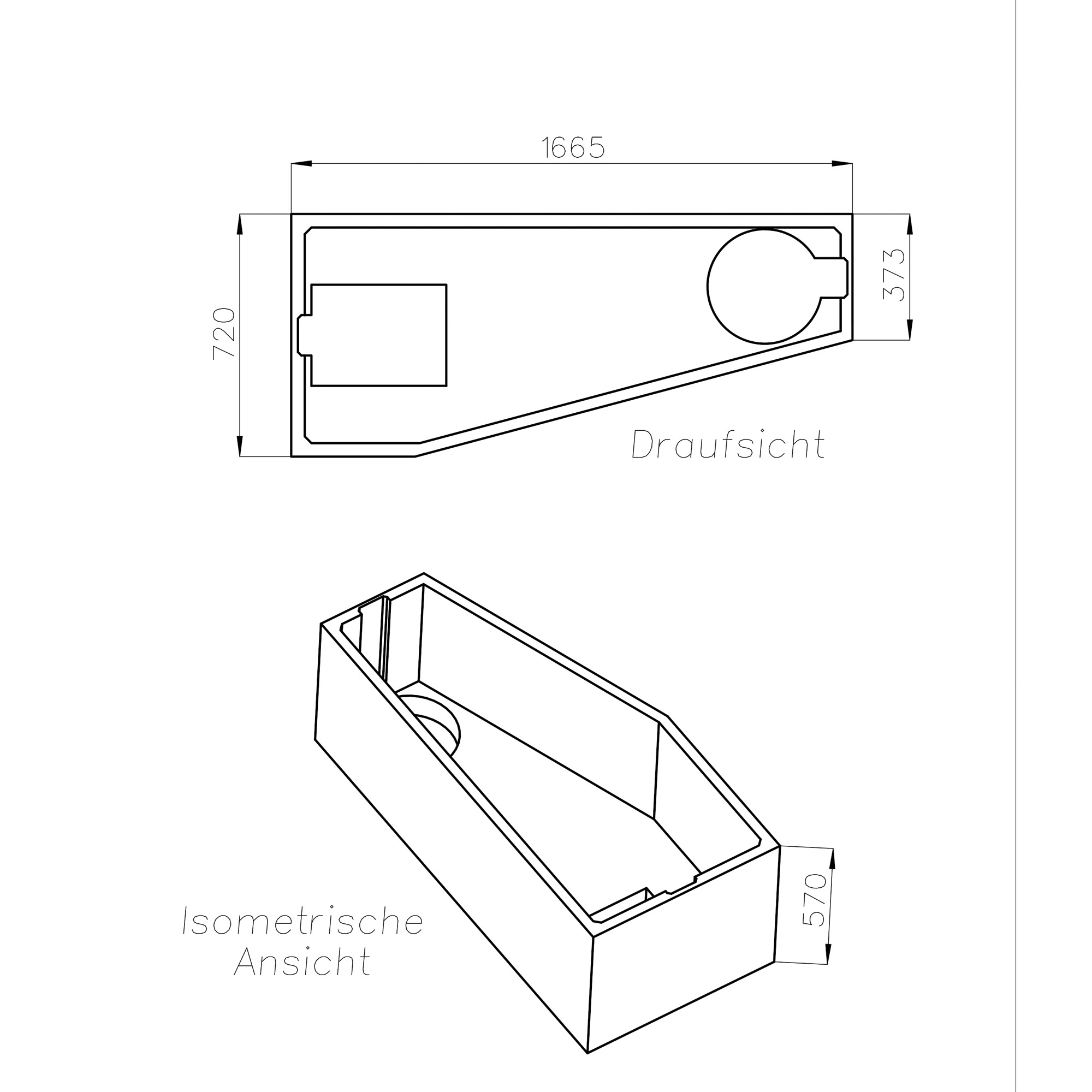 Wannenträger zu Medford 170x75x44 links, Maßskizze