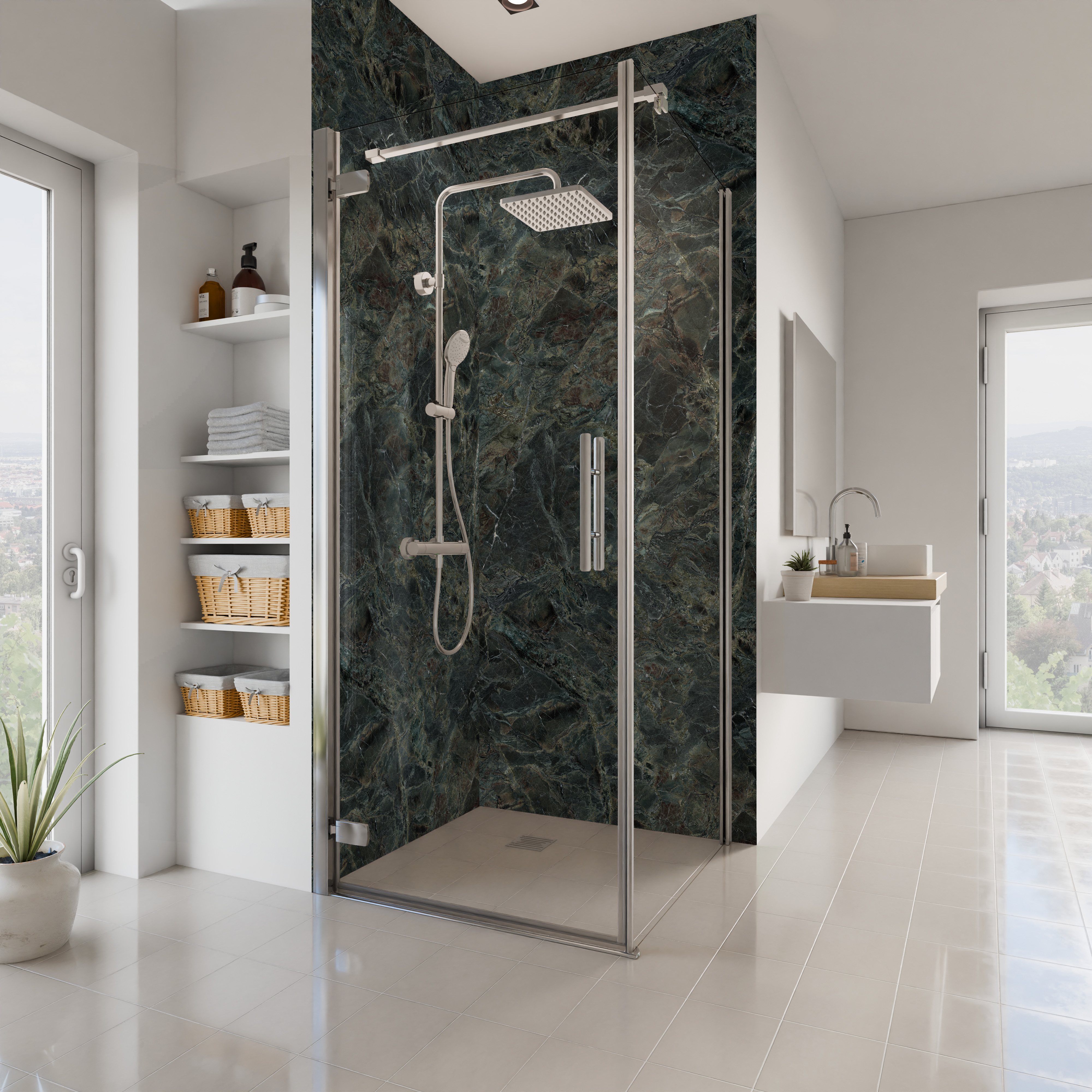 Dekor Paneele Seidenmatt Marmor dunkelgrün Eckeinstieg