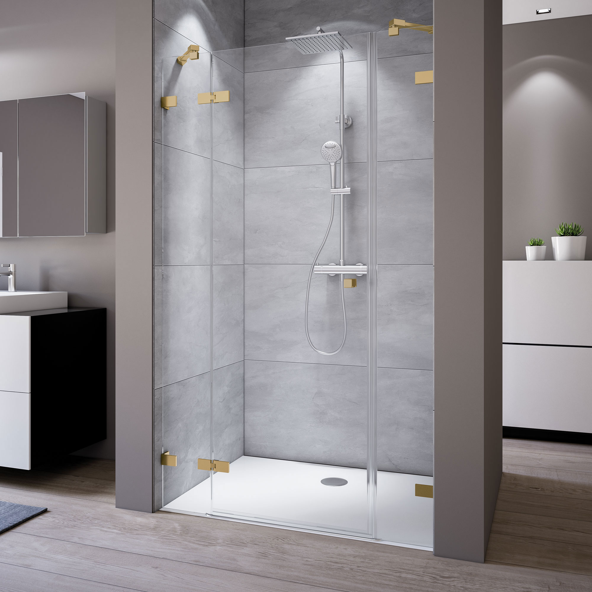 MK930 Drehtür mit Festteil und Nebenteil, Anschlag links, rahmenlos_5612_gold