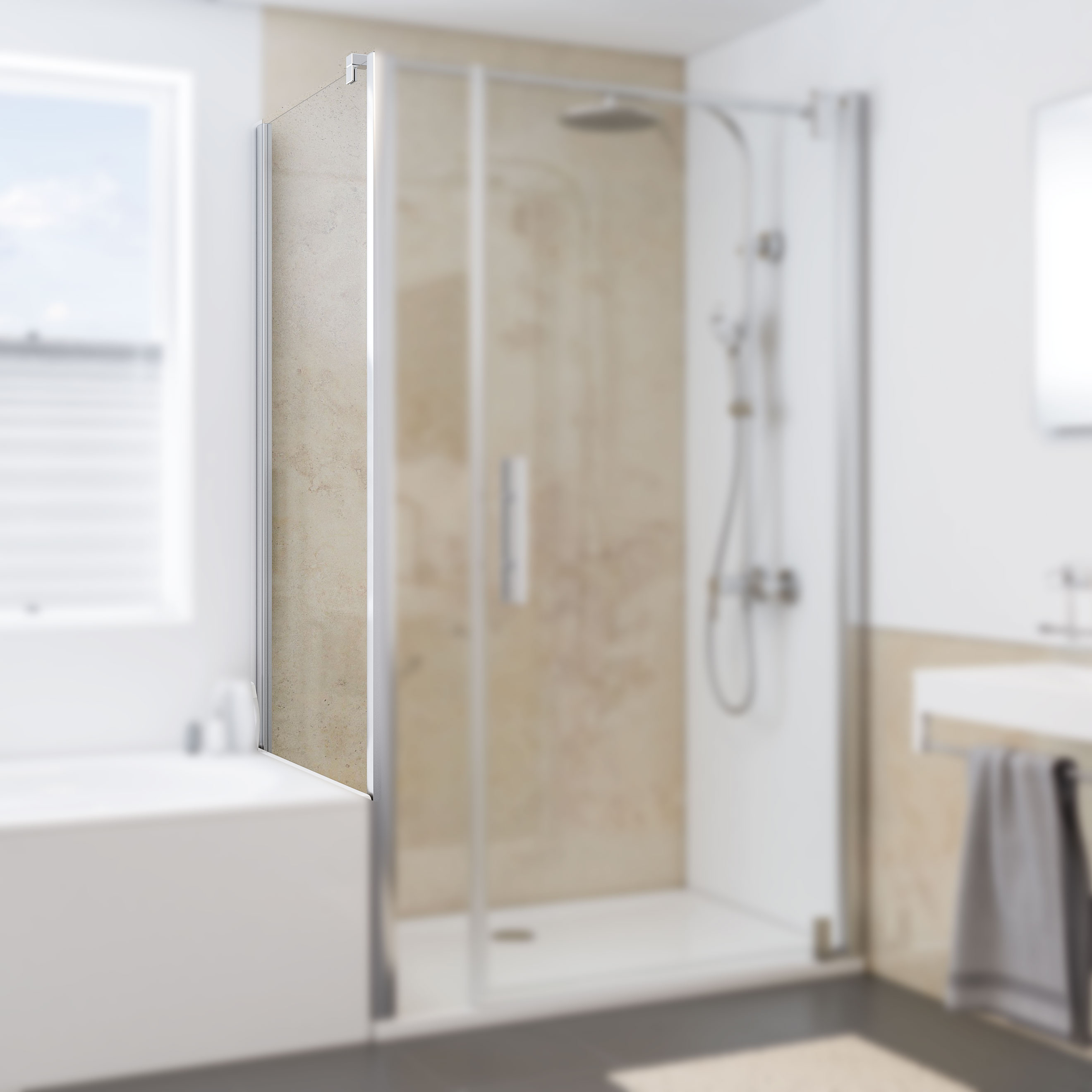 Badewannenseitenwand links für Drehtür mit Nebenteil, Fokus