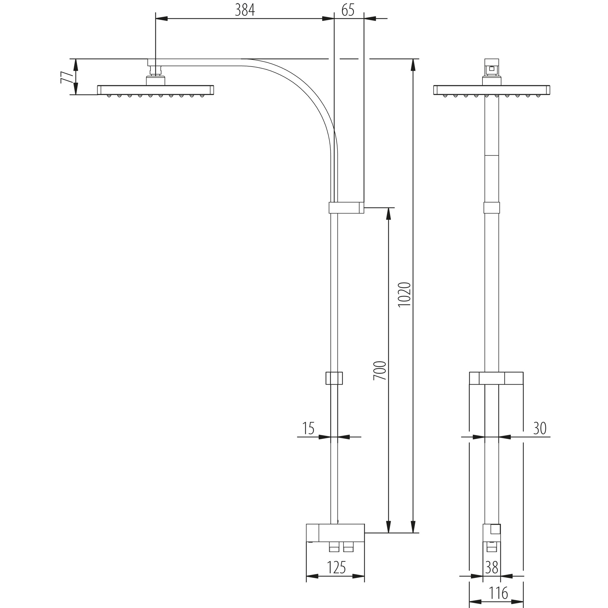 Masszeichnung_5816-5817 MK 160 Kopfbrause eckig für separate Armatur, Maßzeichnung