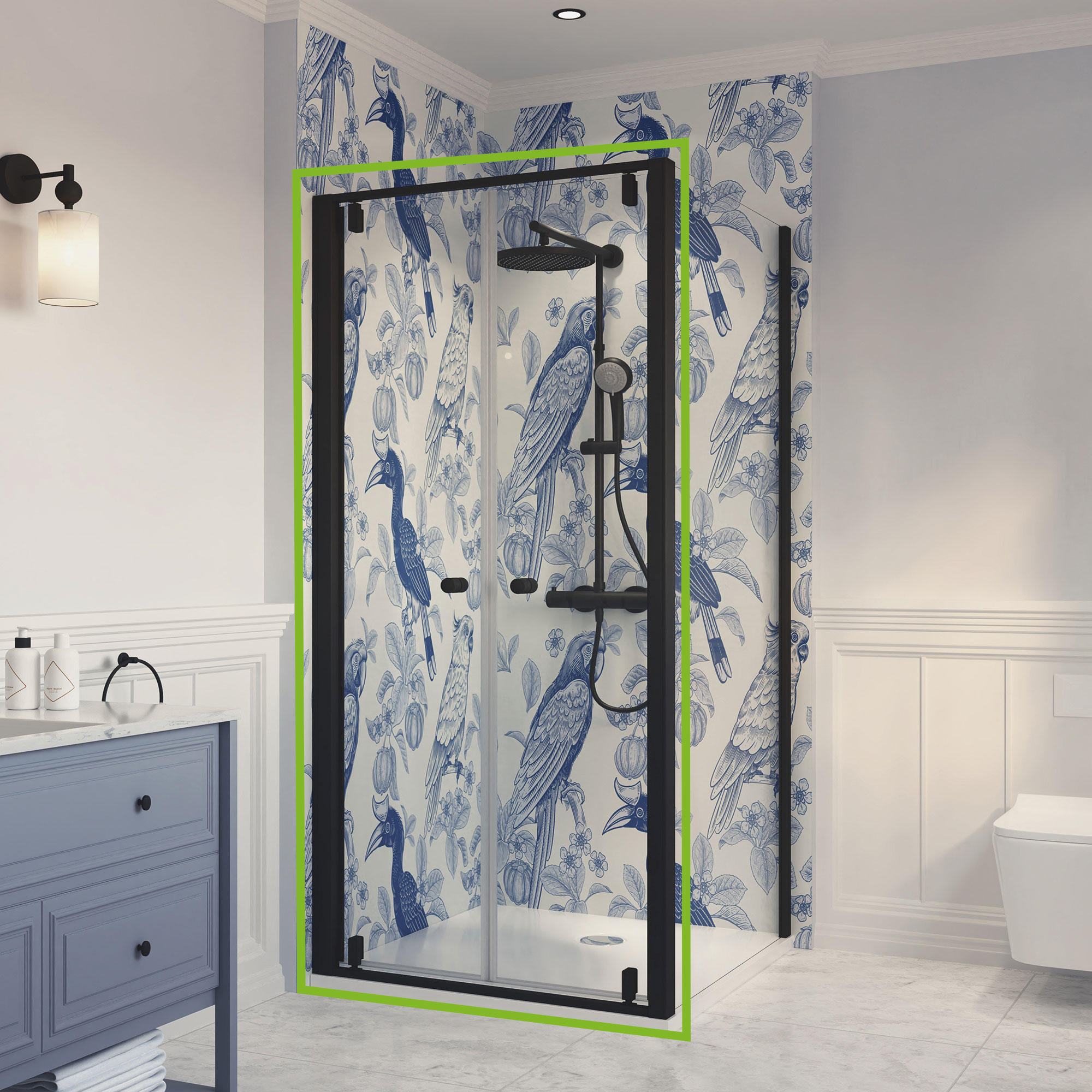 Pendeltür links für Seitenwand rechts, Fokus Pendeltür, schwarz matt