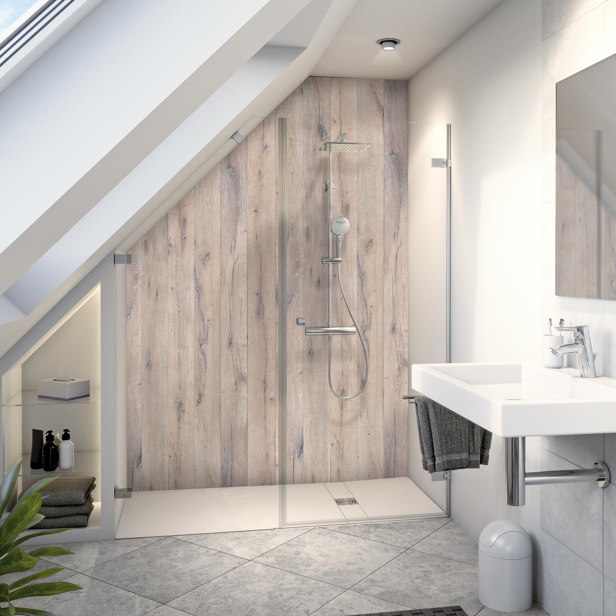 Duschrückwand Dekor Holz Eiche Landhaus Stimmungsbild