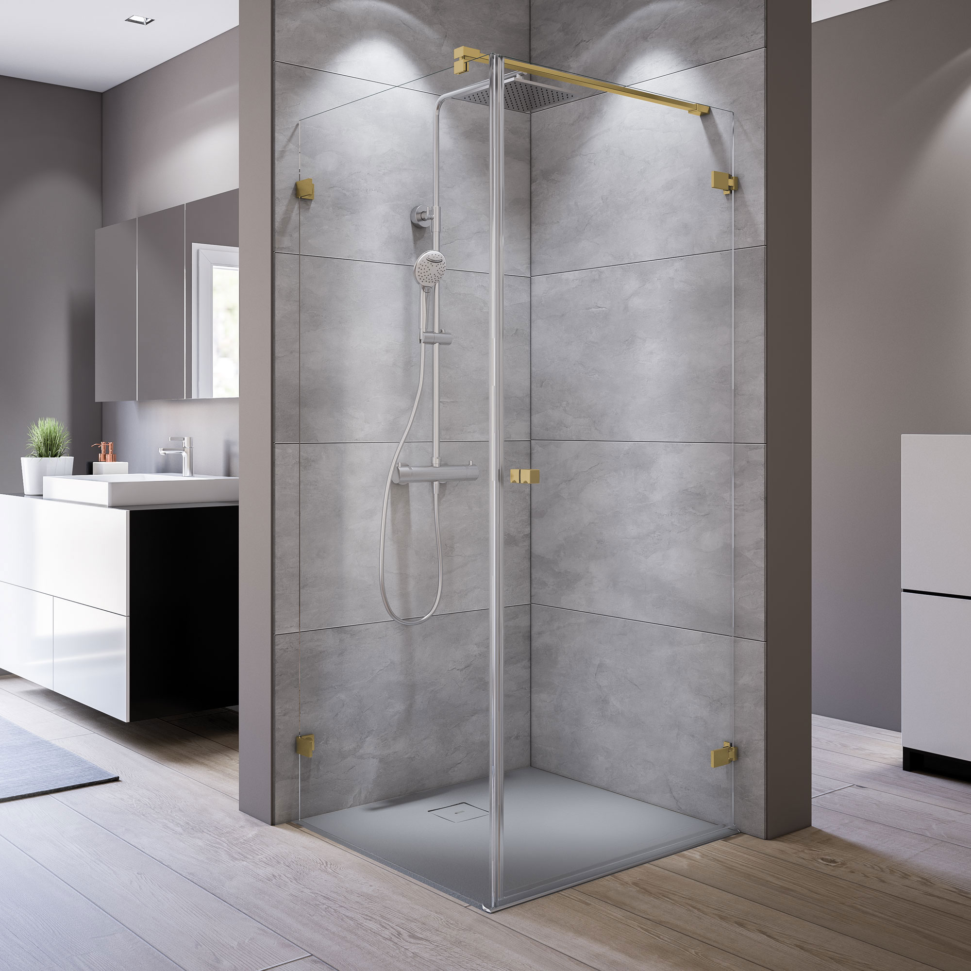 MK930 Drehtür rechts mit Seitenwand links rahmenlos_5606_gold