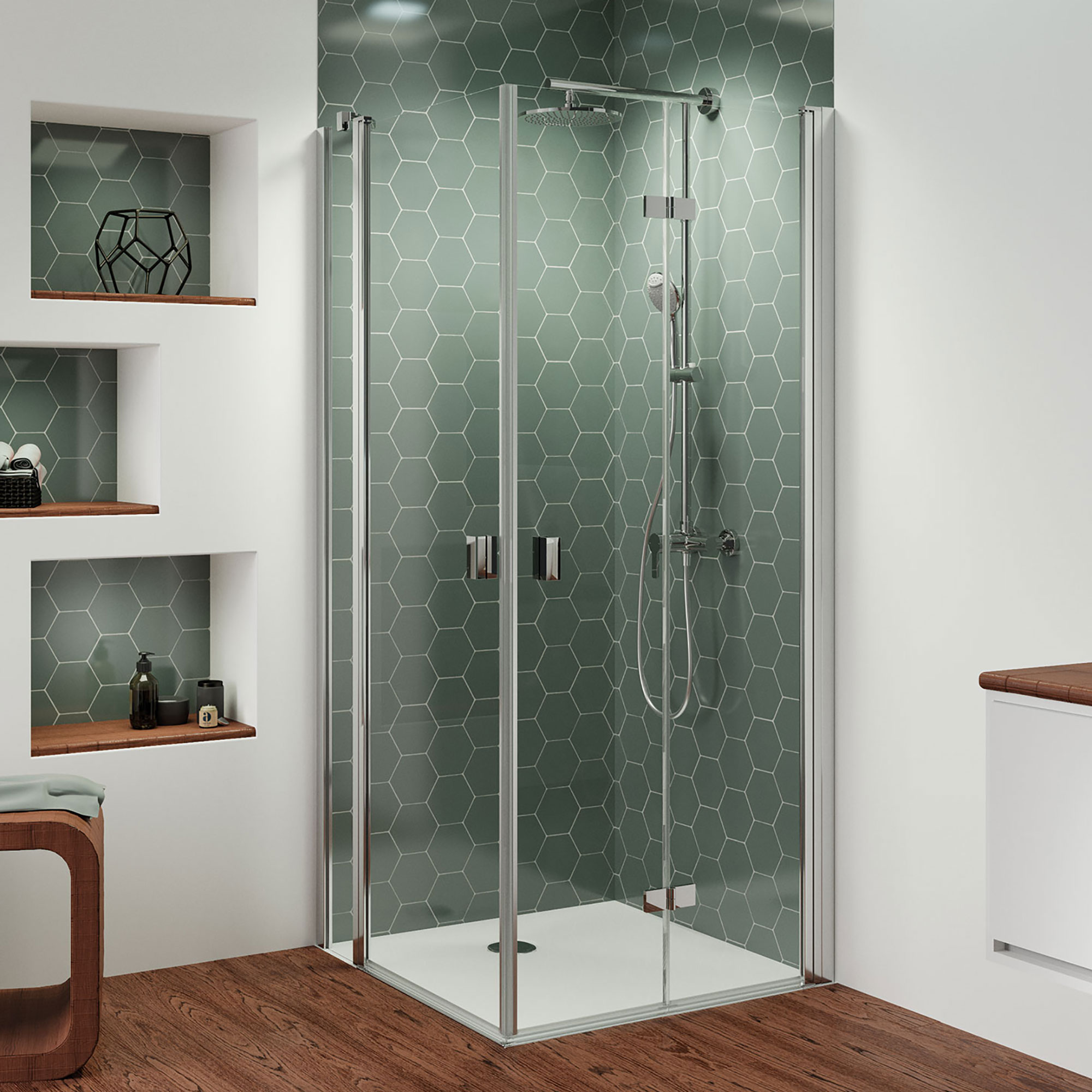 Eckeinstieg Kombination Drehtür mit Festteil links / Drehfalttür rechts, eckig