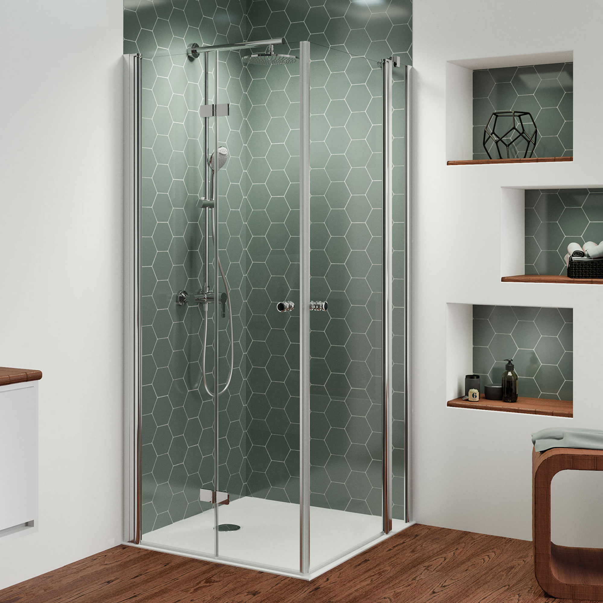 mk520-eckeinstieg-drehfalttuer-drehtuer-mit-festteil_6083 Eckeinstieg Kombination Drehtür links/ Drehtür mit Festteil rechts, rund