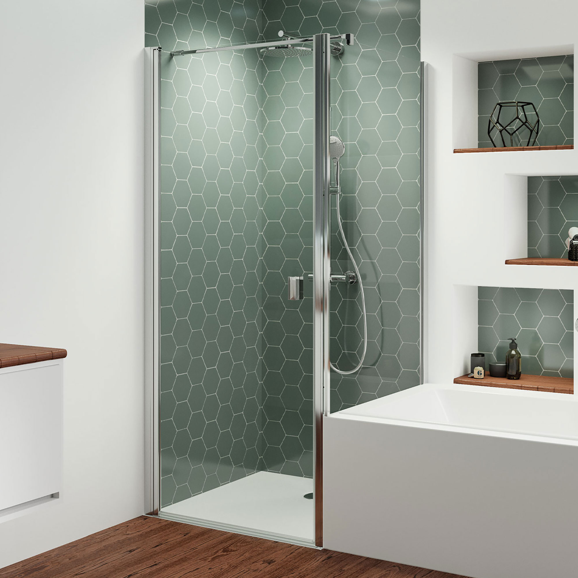 Badewannenseitenwand, eckig, auf der Wanne rechts für Drehtür / +Festteil, Drehfalttür / +Festteil