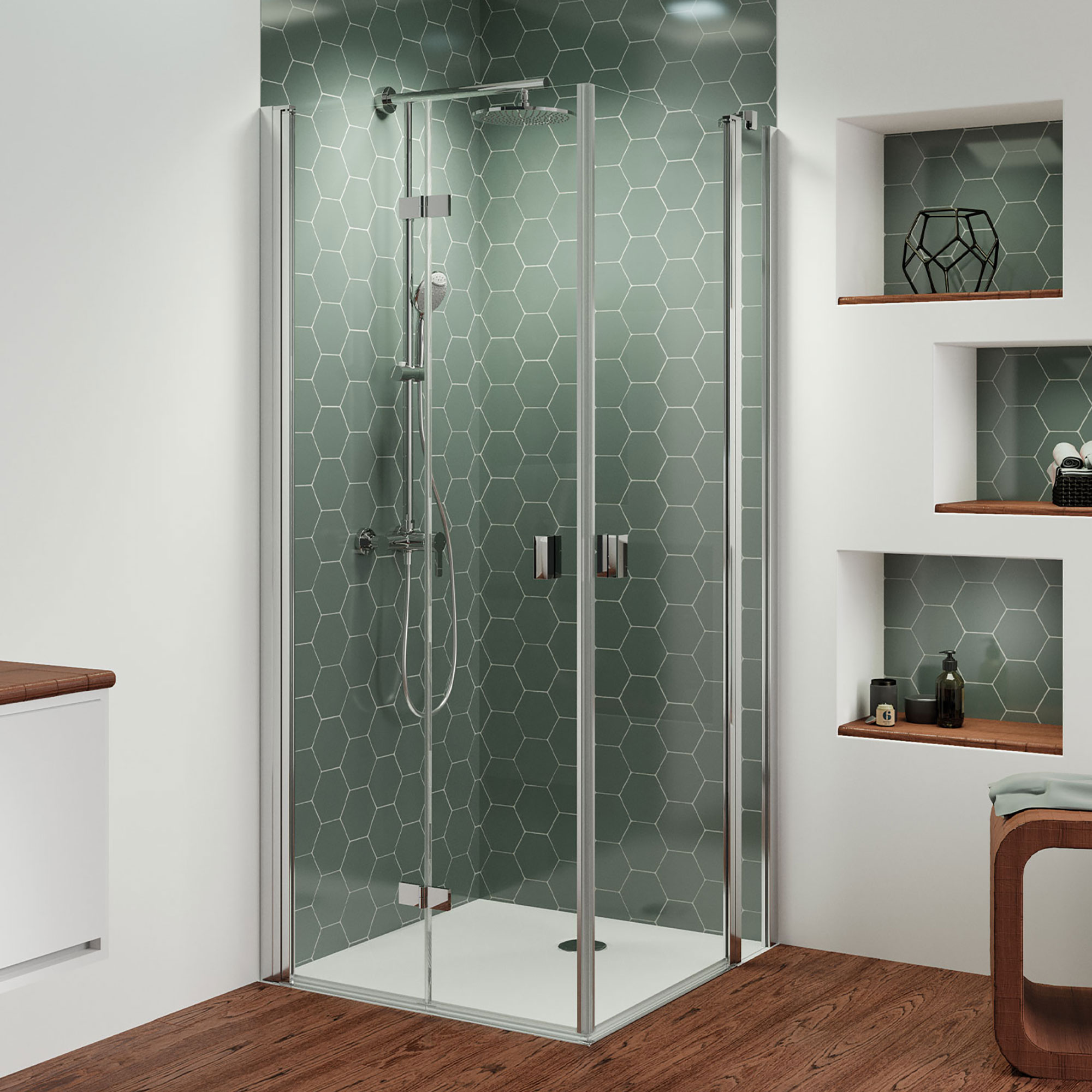 mk520-eckeinstieg-drehfalttuer-drehtuer-mit-festteil_6031 Eckeinstieg Kombination Drehfalttür links / Drehtür mit Festteil rechts, eckig