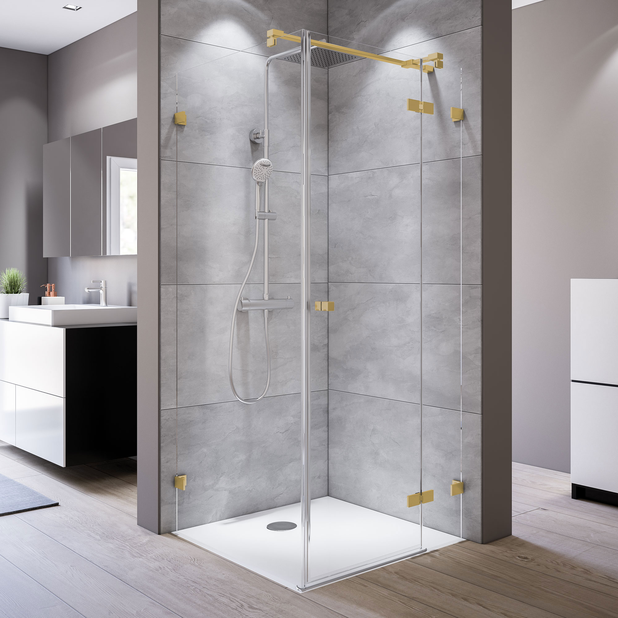 MK930 Drehtür mit Festteil rechts_Seitenwand links_rahmenlos_5615_gold