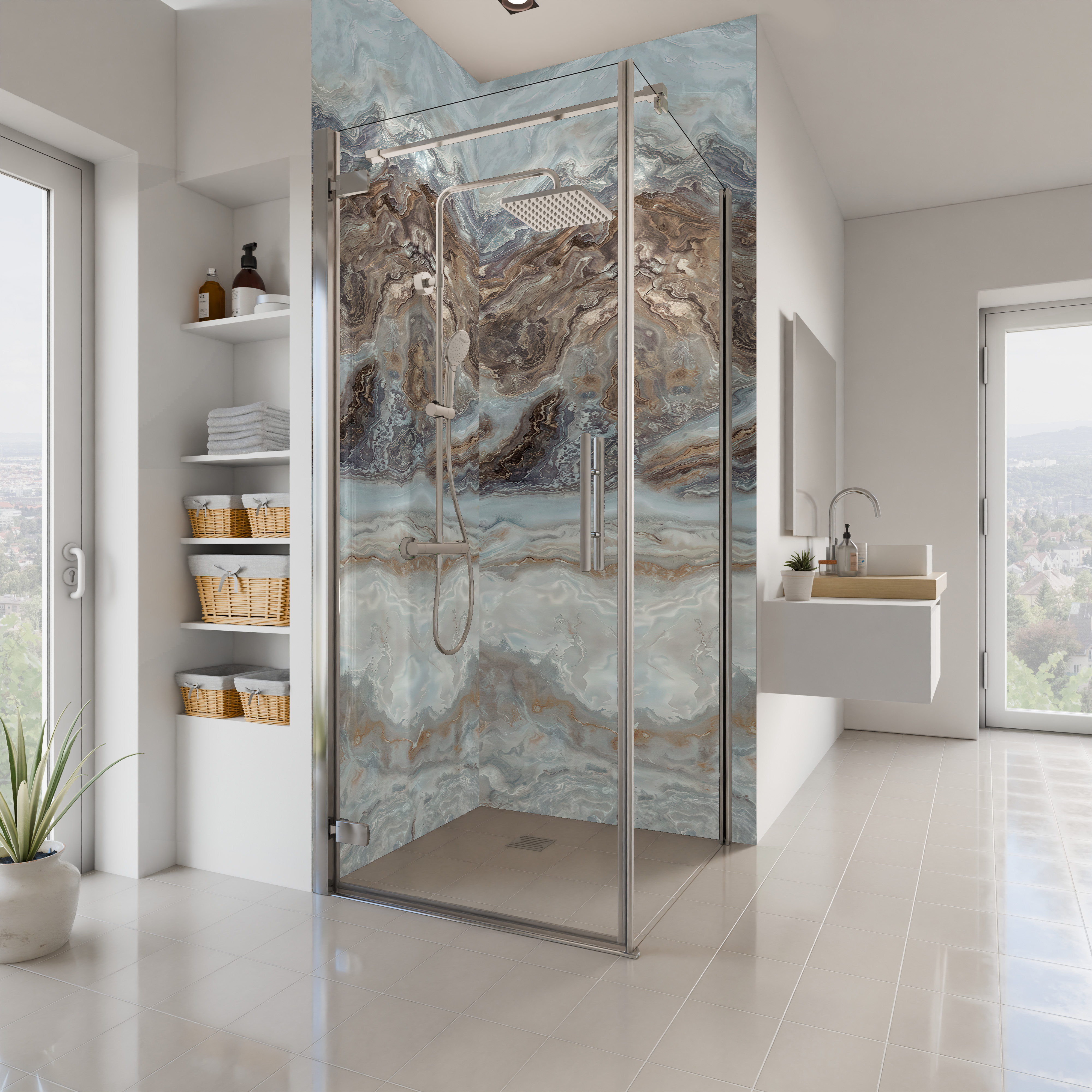 Dekor Paneele Seidenmatt Marmor Achat Beige Eckeinstieg