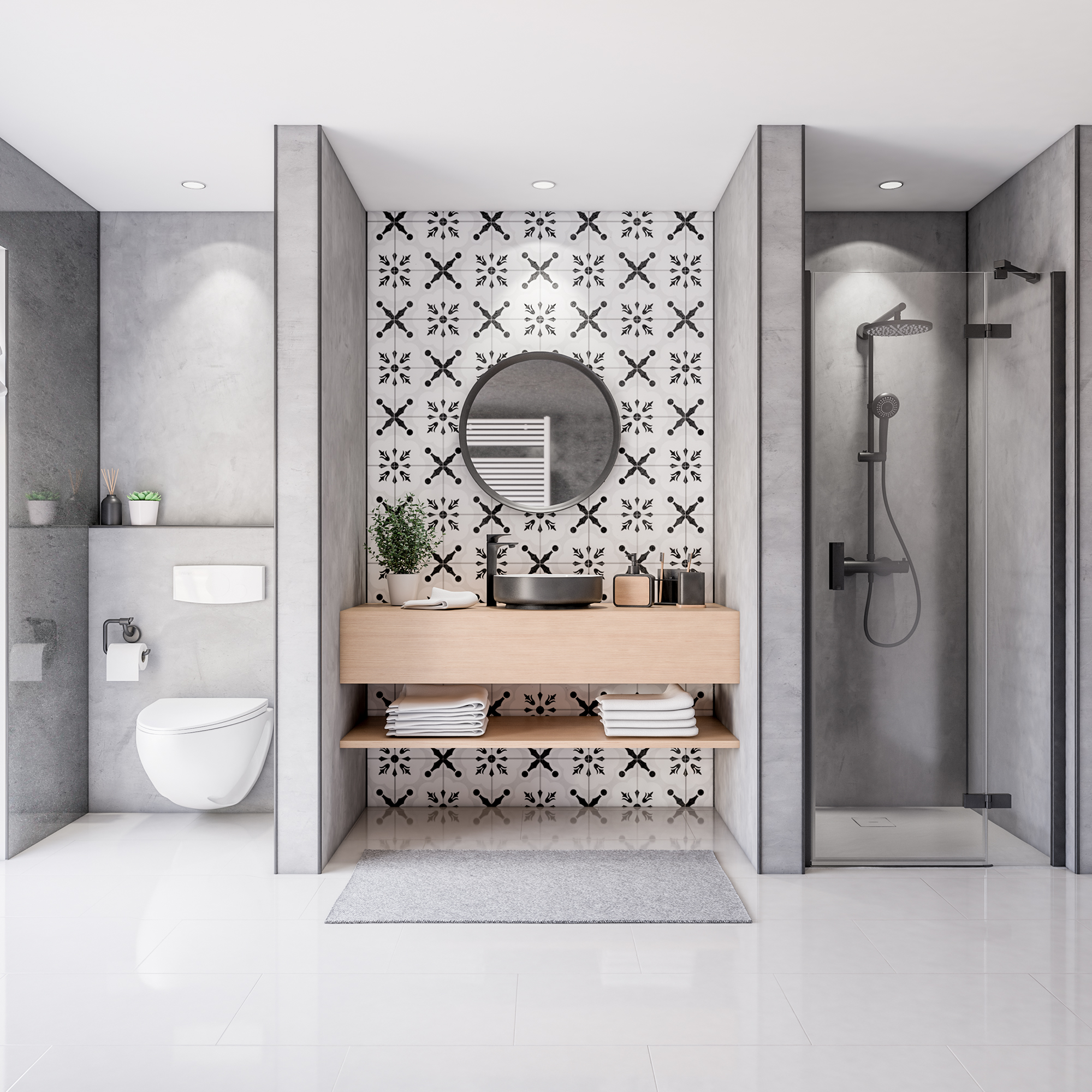 Duschrückwand Dekor Fliese Orient schwarz-weiß Stimmungsbild