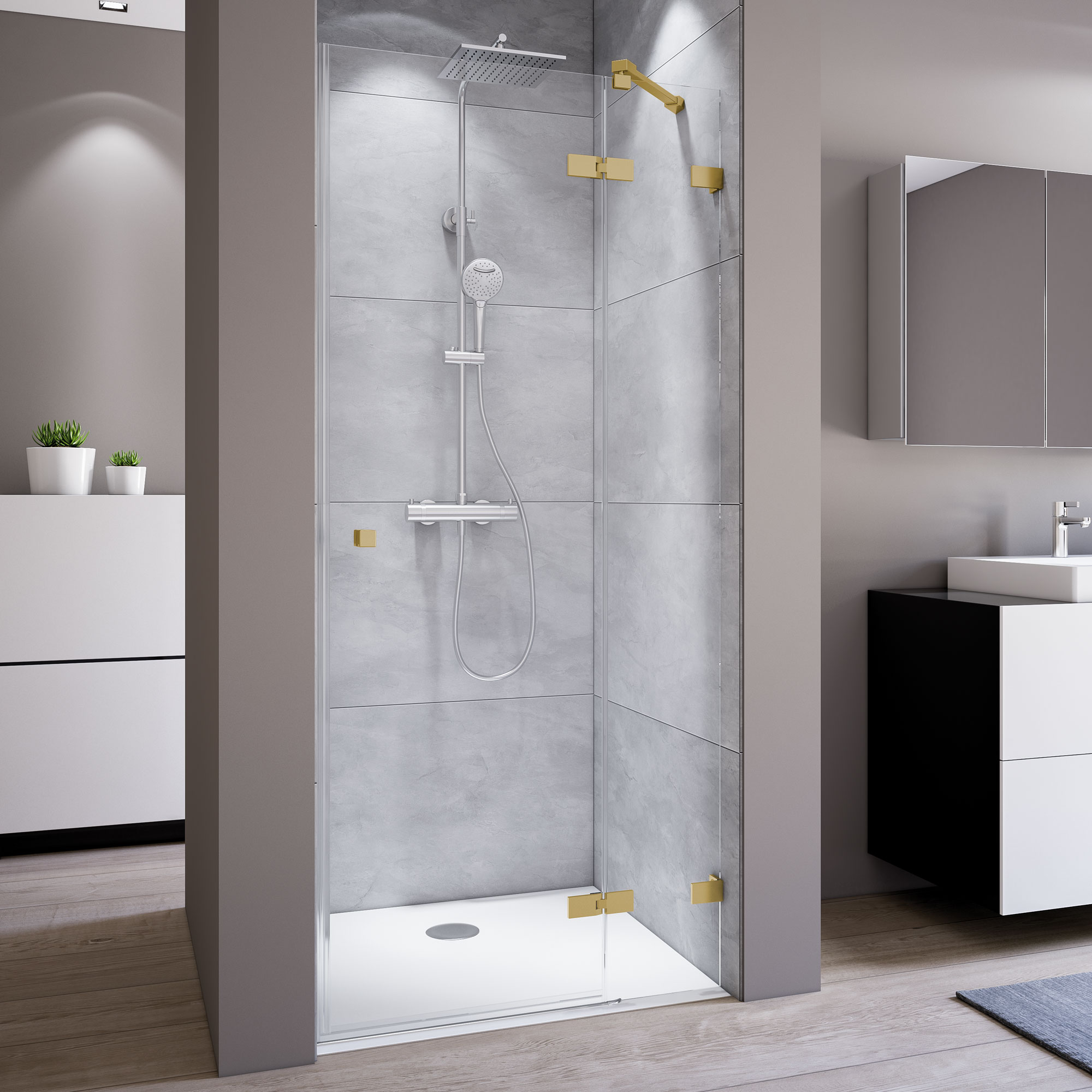 MK930 Drehtür mit Festteil für Nische, Anschlag rechts, rahmenlos_5611_gold