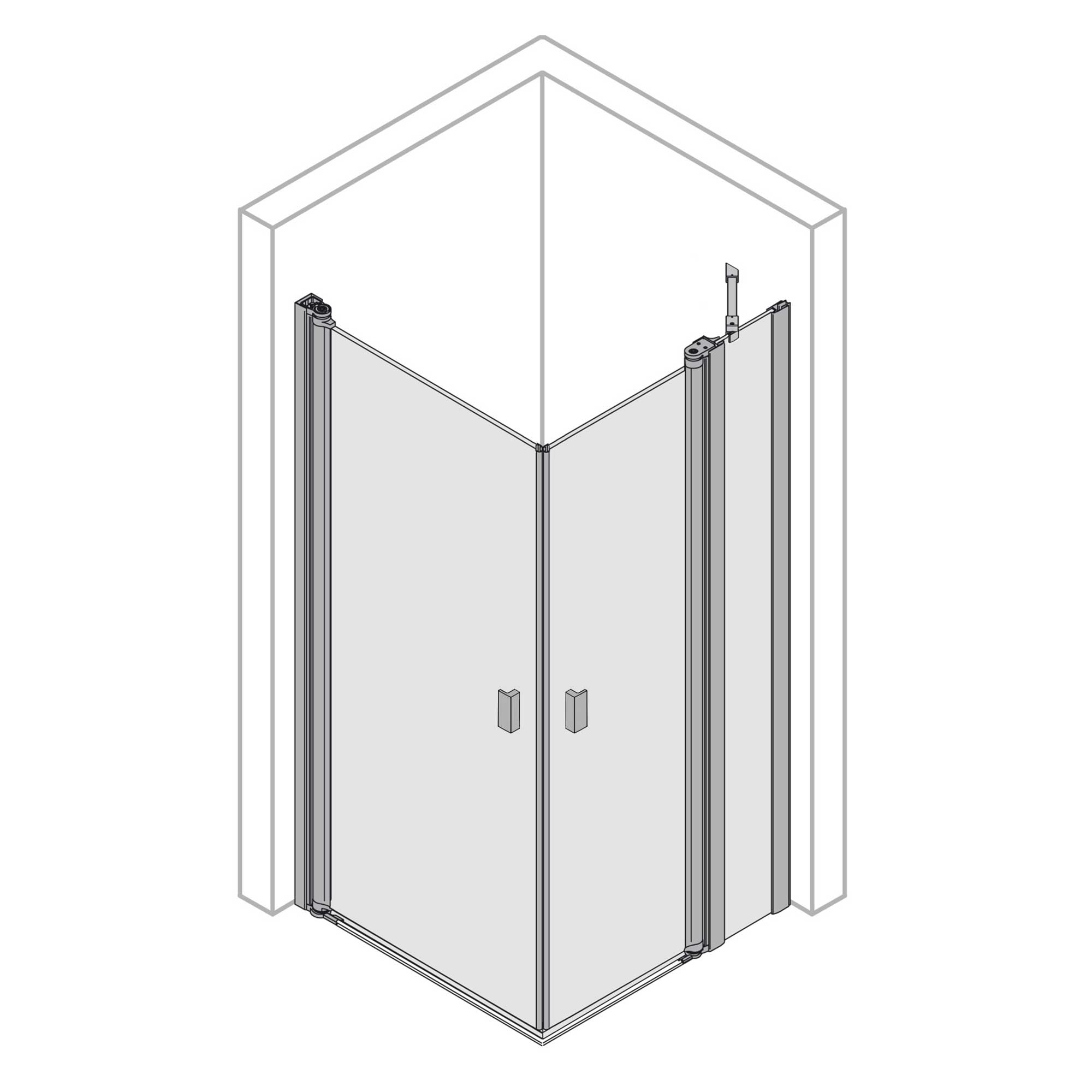 Eckeinstieg Kombination Drehtür links / Drehtür mit Festteil rechts, eckig