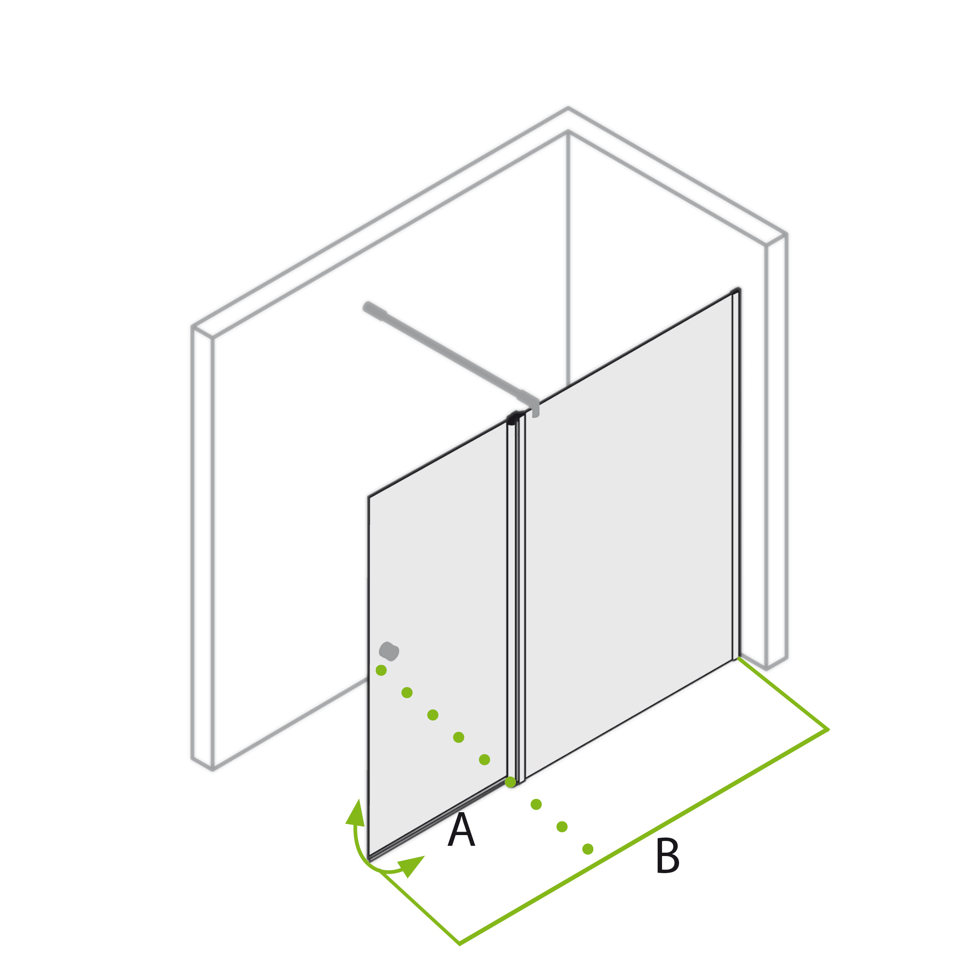 MK 520 Duschwand mit beweglichem Element in Flucht, rund, Anschlag rechts, Piktogramm