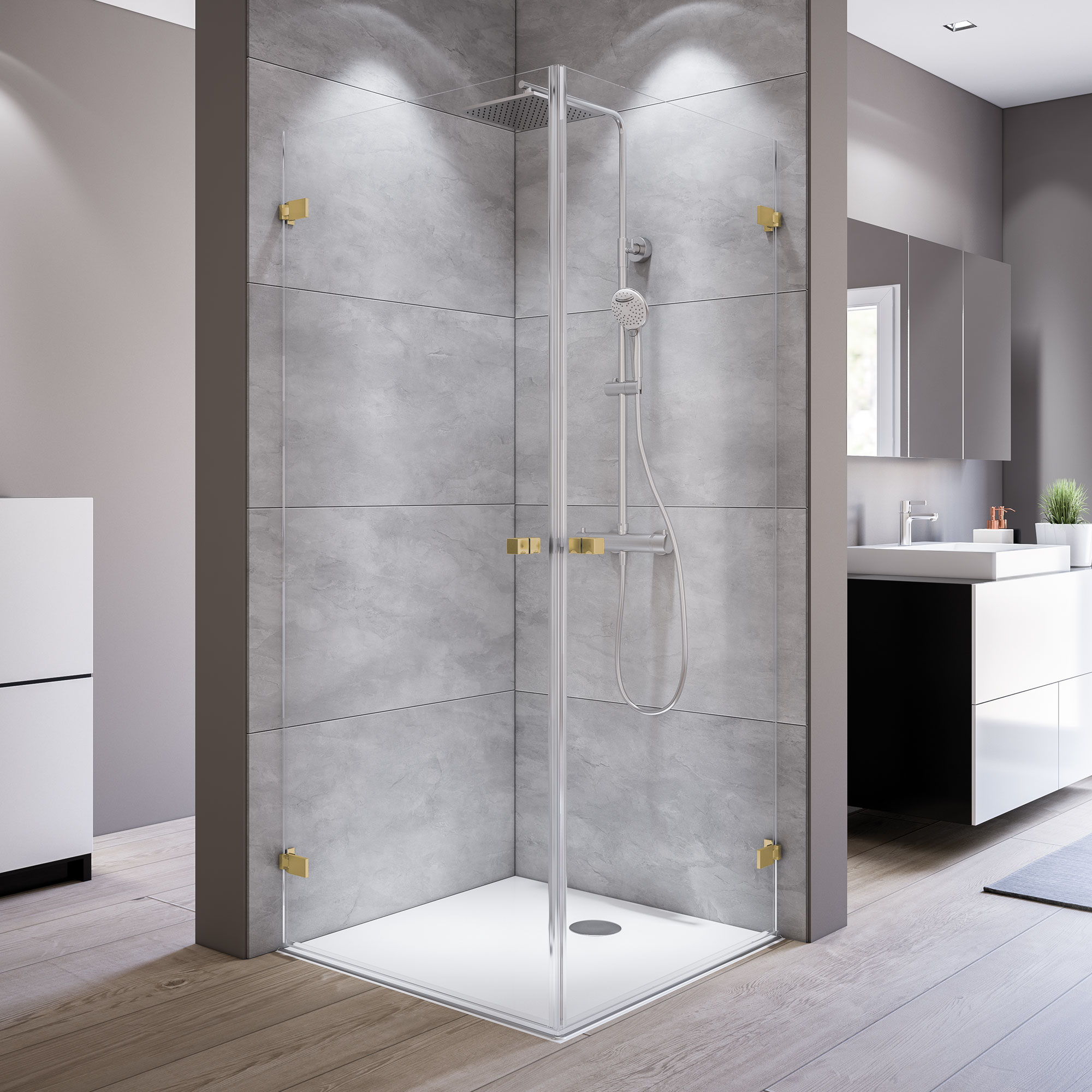 MK930 Eckeinstieg Drehtür 2-teilig, rahmenlos_5609_gold