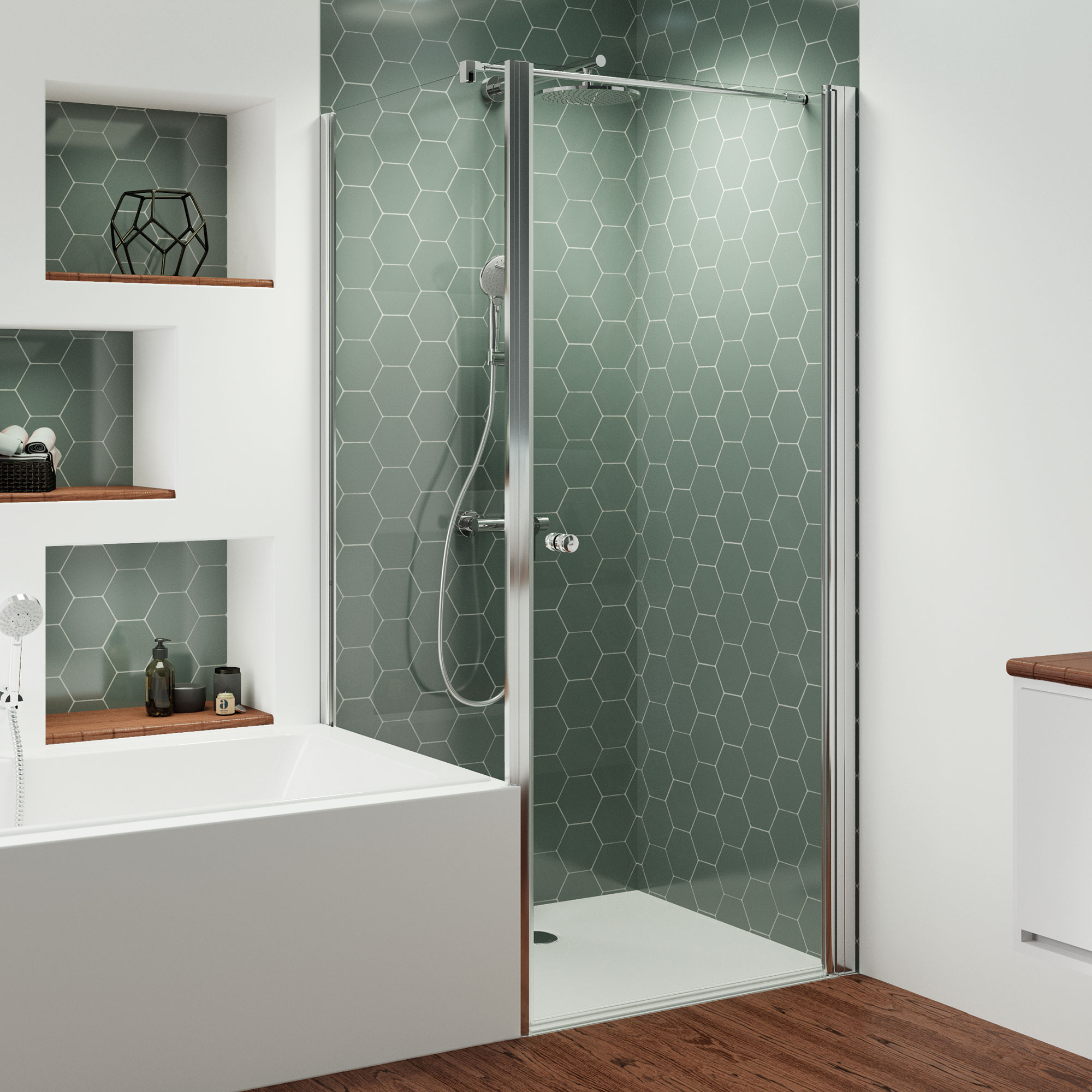 Badewannenseitenwand, rund, auf der Wanne links für Drehtür / +Festteil, Drehfalttür / +Festteil