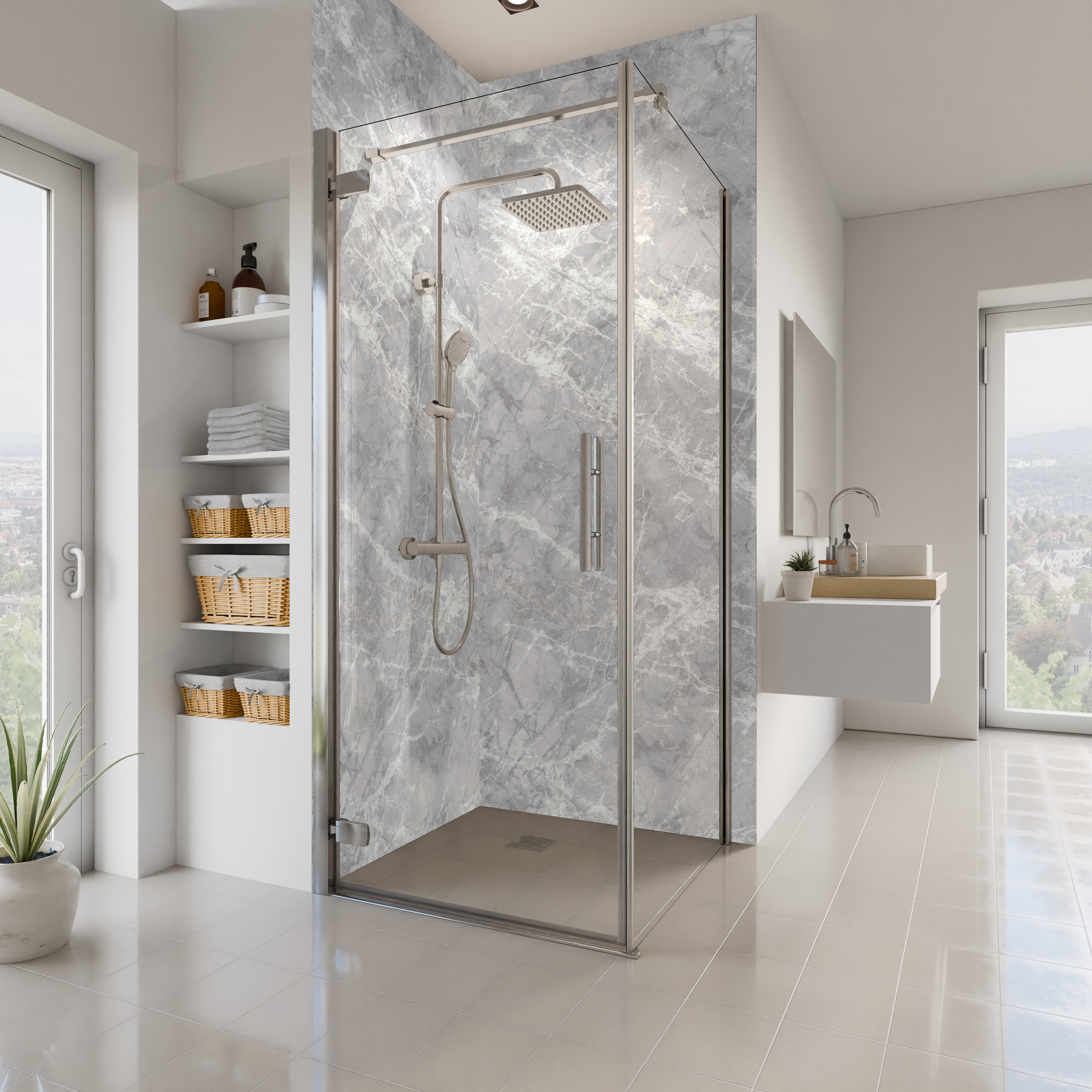 Dekor Paneele Seidenmatt Marmor Silbergrau Eckeinstieg