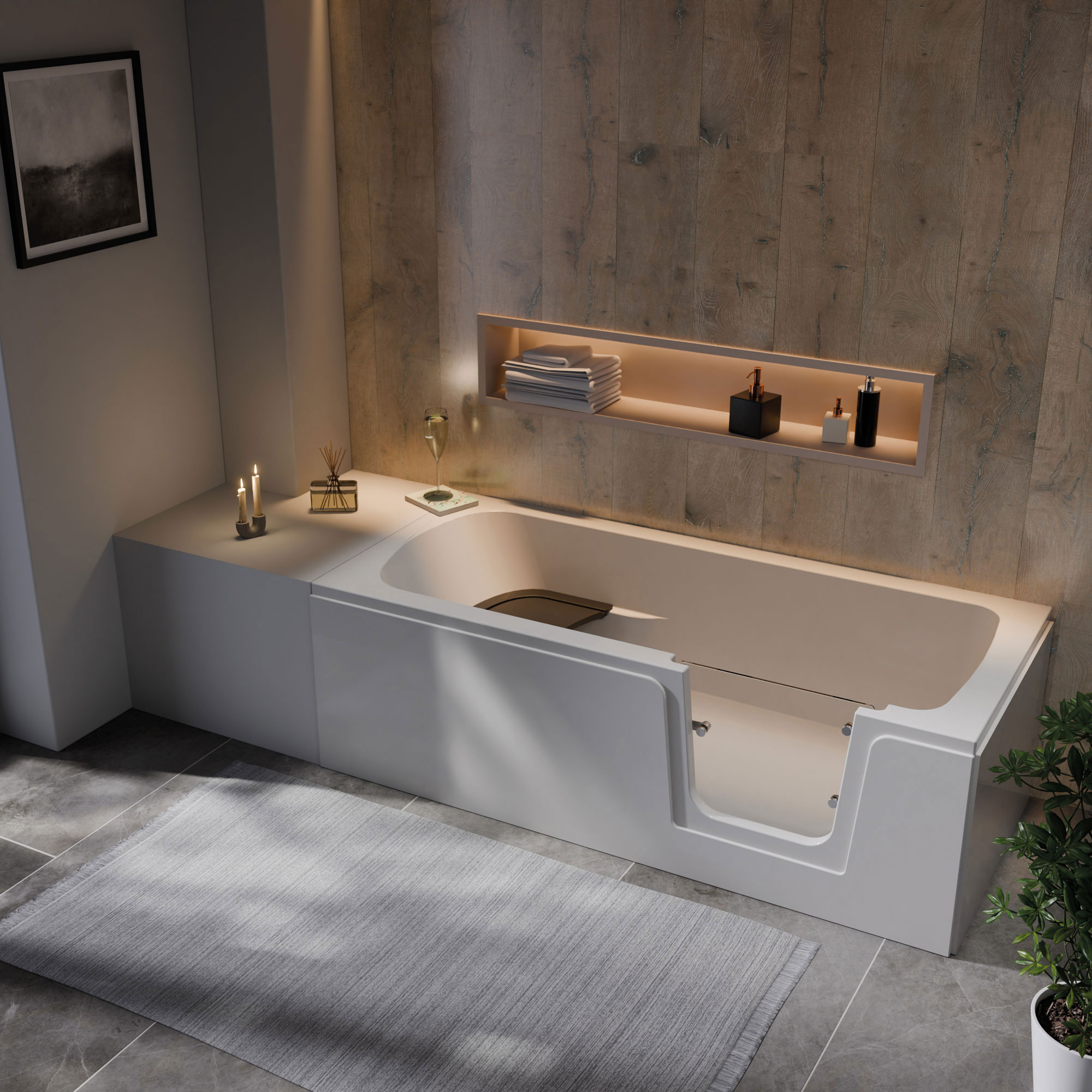 Buffalo Badewanne auf Füßen, Weiss, Tür rechts, im Millieu mit Podest