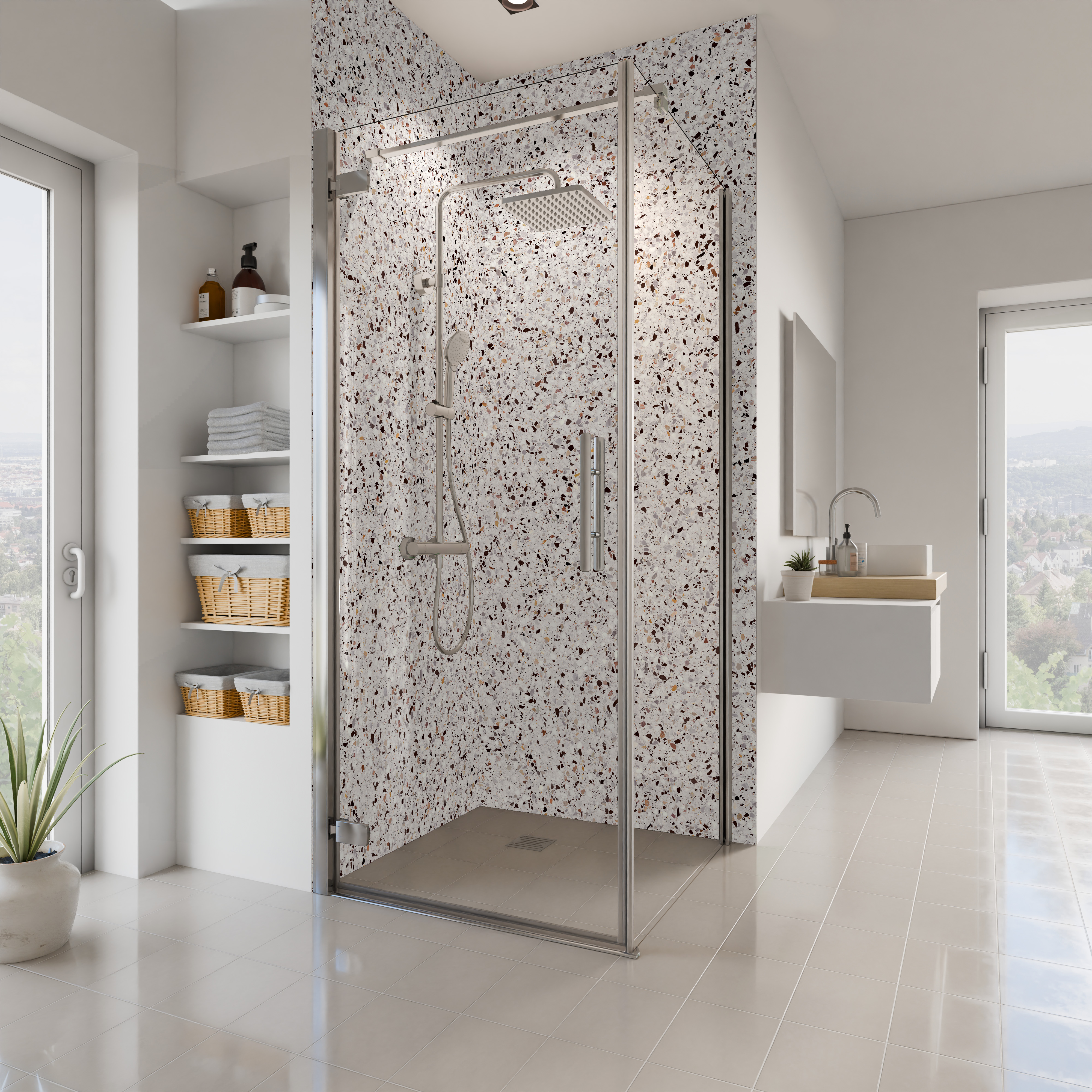 Dekor Paneele Seidenmatt Terrazzo Feinmix Eckeinstieg