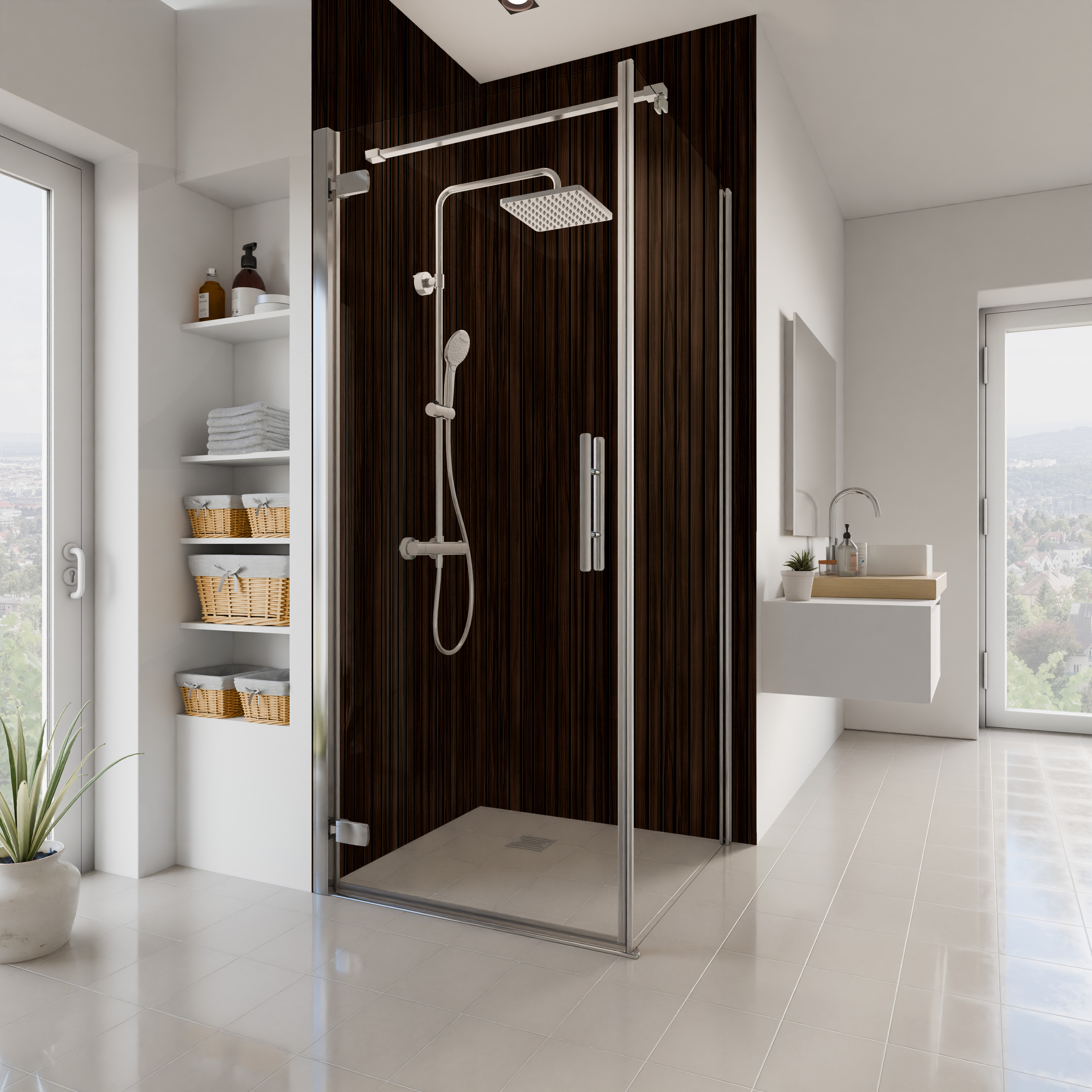 Dekor Paneele Holz Scandi vertikal dunkel Eckeinstieg