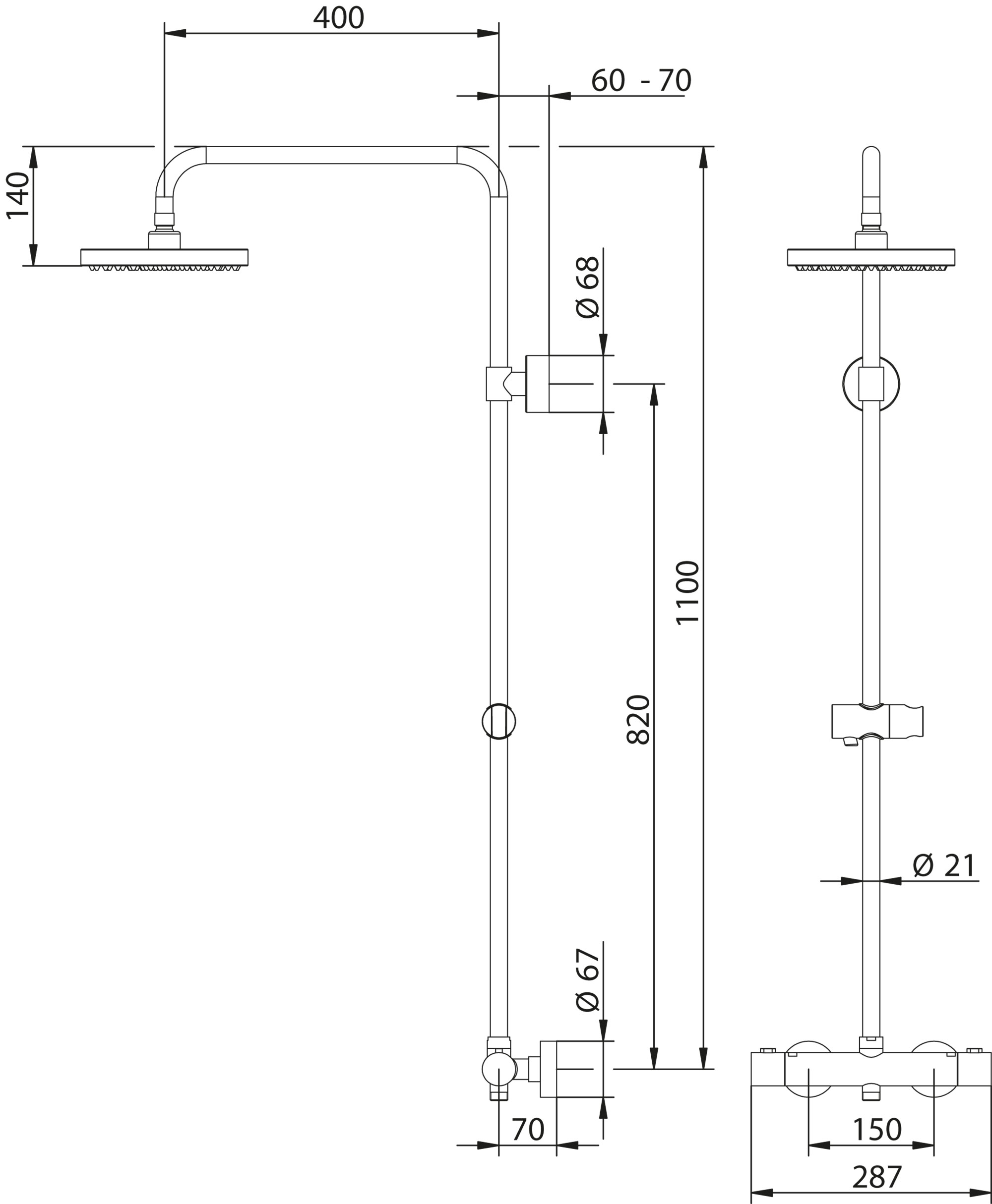 MK 130 Kopfbrause eckig mit Thermostat, Maßzeichnung