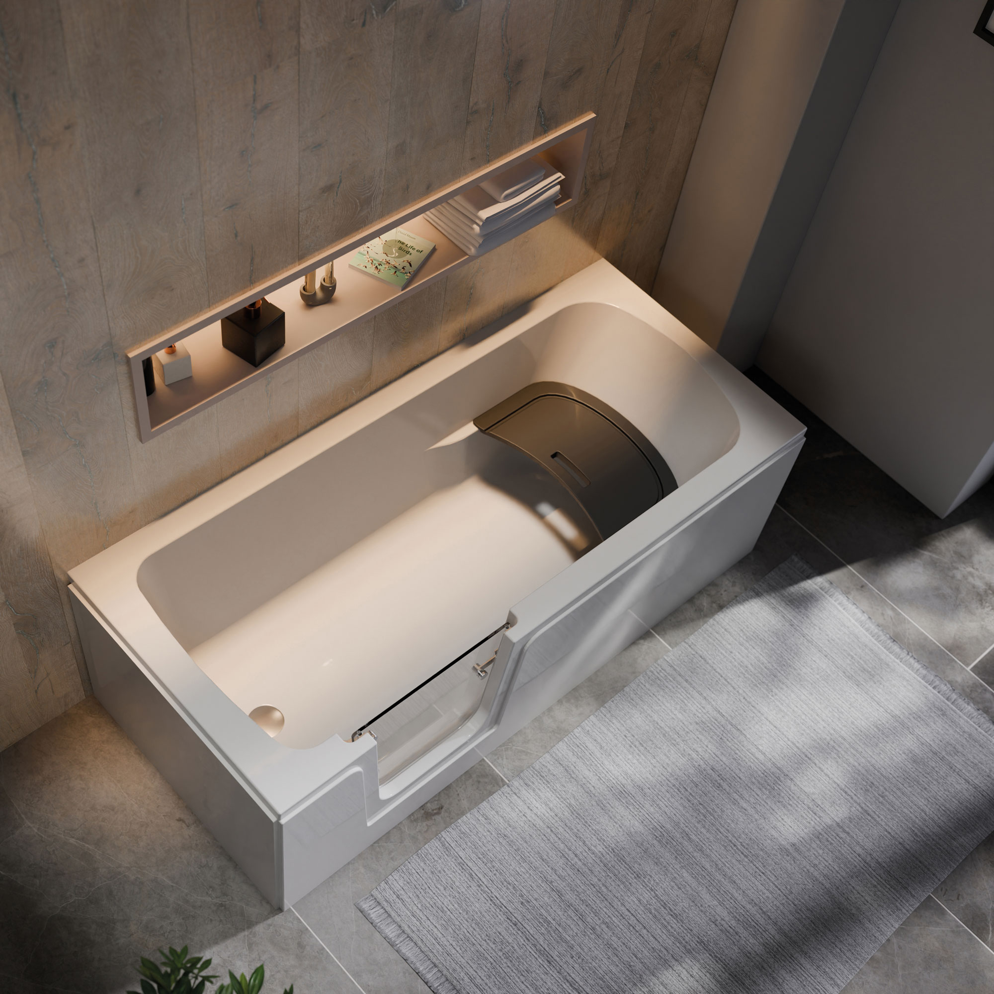 Duschwelten_Badewanne_Buffallo_Tur-Links_2_6592-6589 Buffalo Badewanne auf Füßen, Weiss, Tür links, im Millieu, Draufsicht