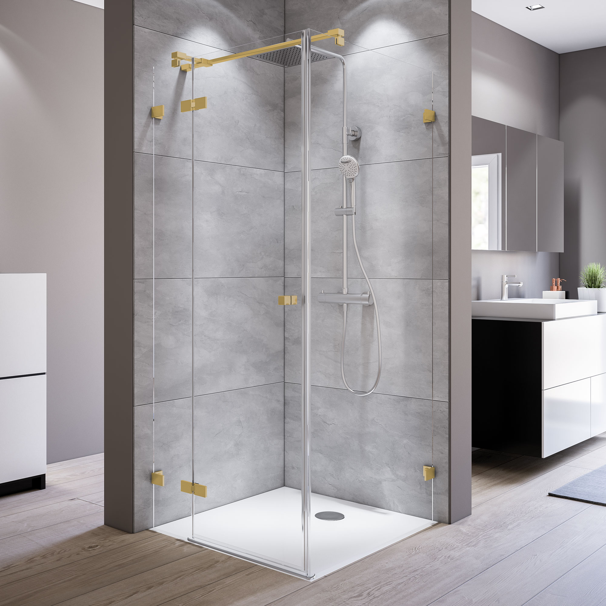 MK930 Drehtür mit Festteil links_Seitenwand rechts_rahmenlos_5614_gold